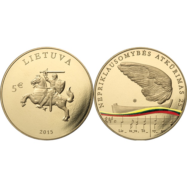 Lituanie - Pièce 5 Euro 2015 cuivre-aluminium-zinc-étain BE - Restauration de l'indépendance lituanienne