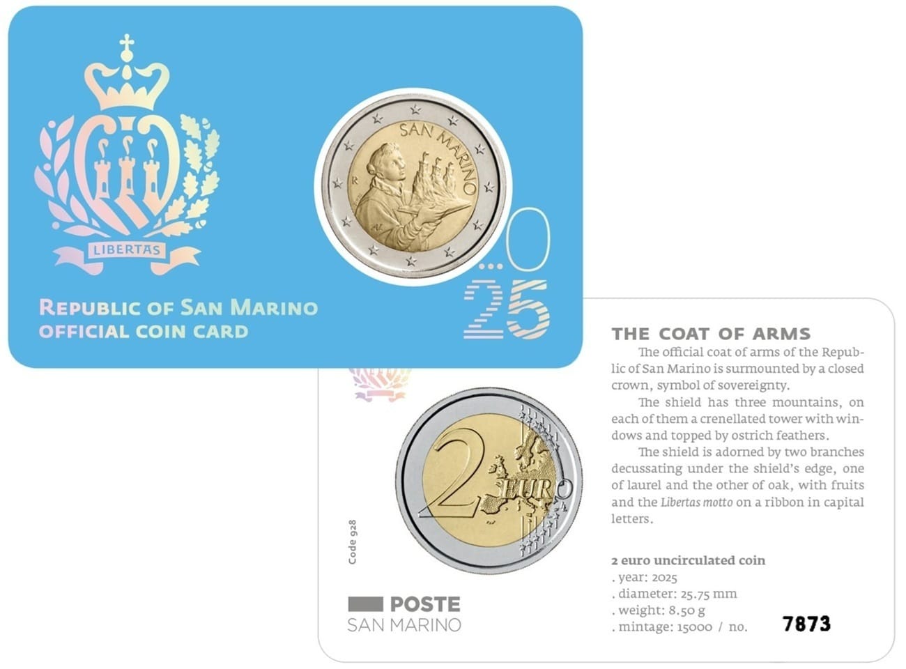 Saint-Marin - Pièce 2 Euro 2025 R cupro-nickel et nickel-laiton - Saint-Marin portant les trois tours (armoiries de Saint-Marin) – Image 3