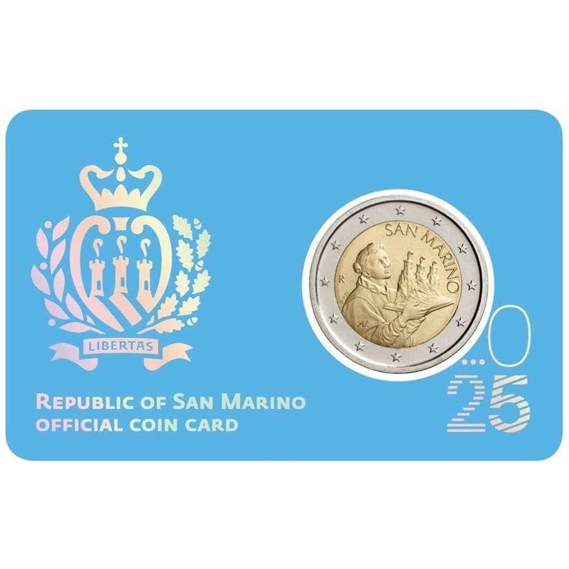 Saint-Marin - Pièce 2 Euro 2025 R cupro-nickel et nickel-laiton - Saint-Marin portant les trois tours (armoiries de Saint-Marin)