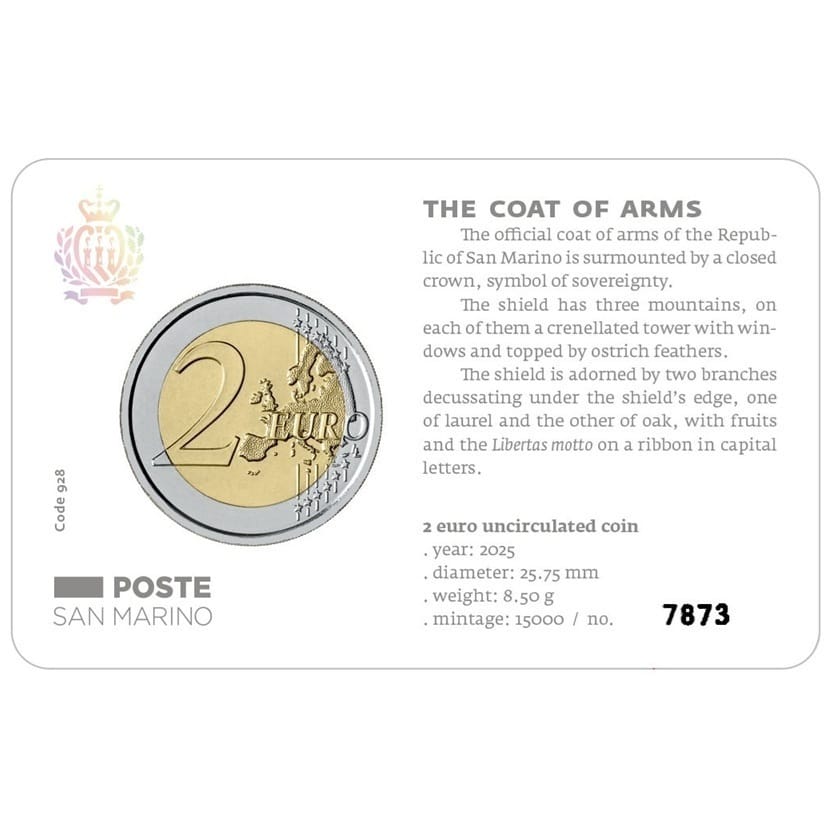 Saint-Marin - Pièce 2 Euro 2025 R cupro-nickel et nickel-laiton - Saint-Marin portant les trois tours (armoiries de Saint-Marin) – Image 2