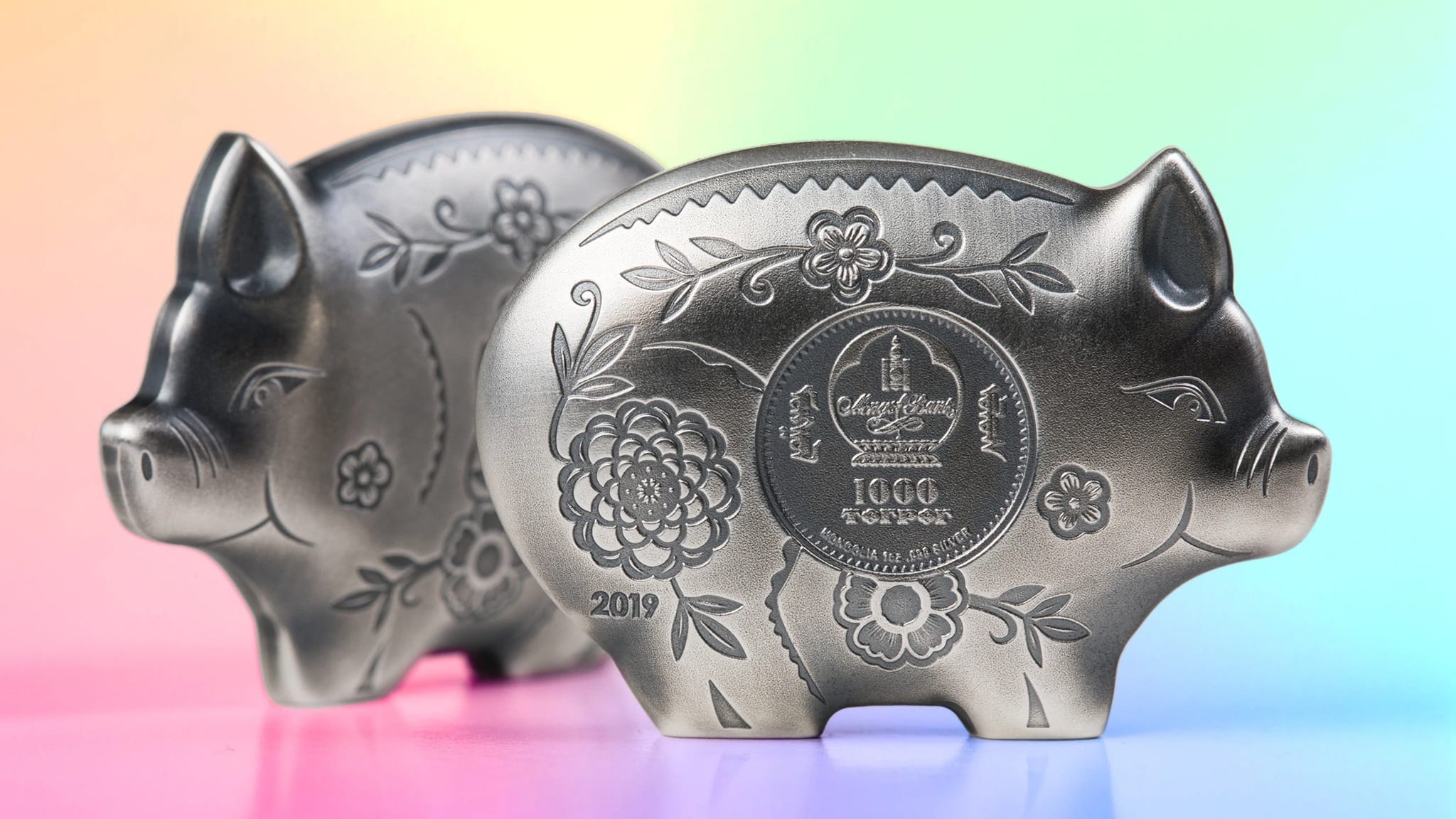 Mongolie - Pièce 1000 Tögrög 2019 1 once argent Antique - Année lunaire du Cochon – Image 4