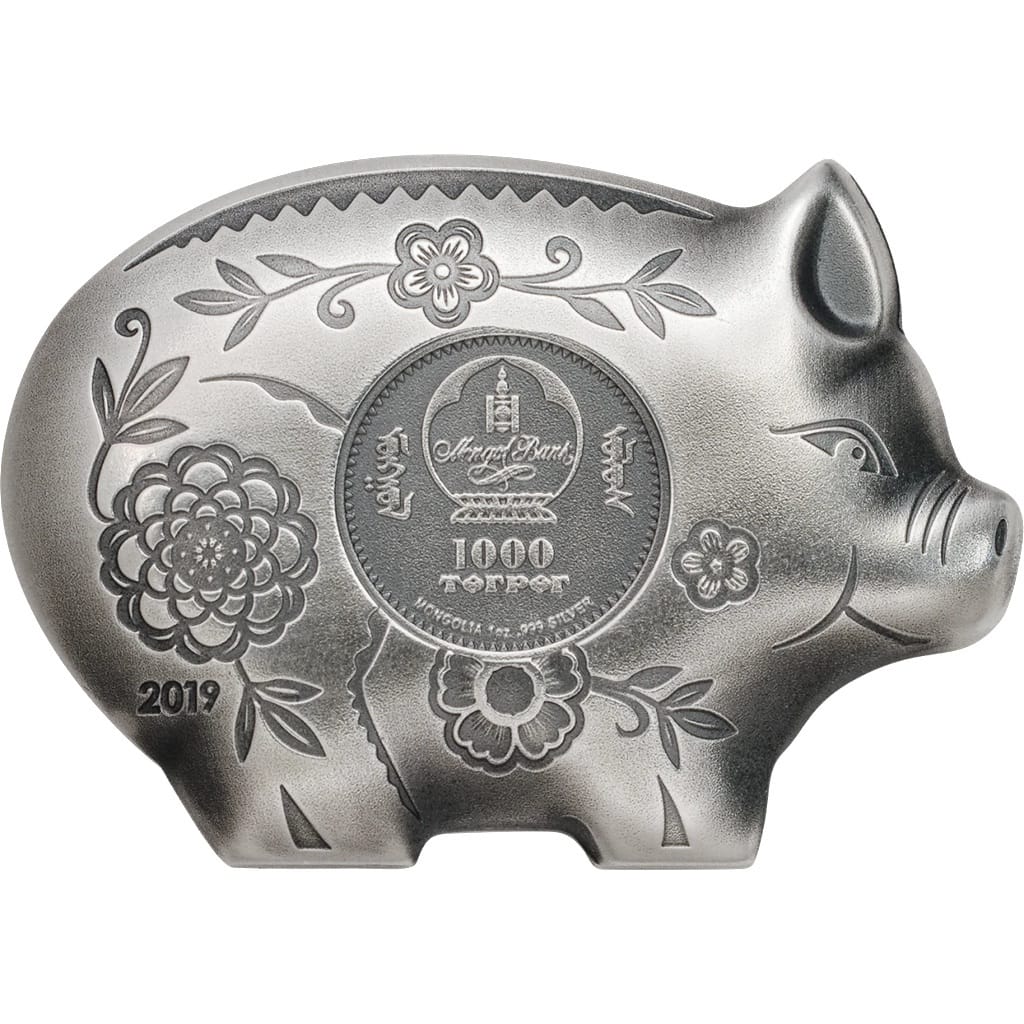 Mongolie - Pièce 1000 Tögrög 2019 1 once argent Antique - Année lunaire du Cochon – Image 2
