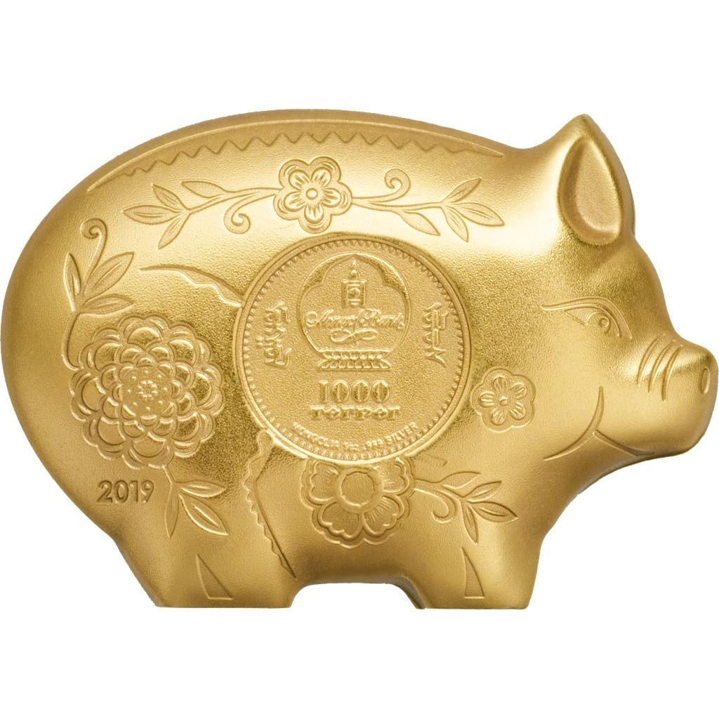 Mongolie - Pièce 1000 Tögrög 2019 1 once argent plaqué or Soyeux - Année lunaire du Cochon – Image 2