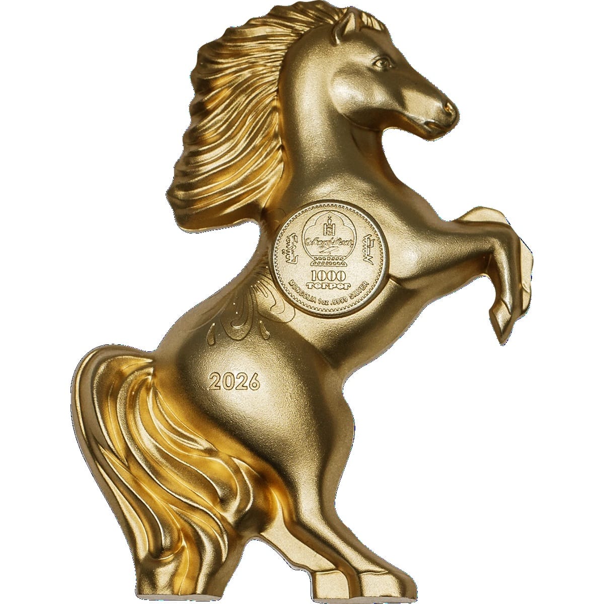 Mongolie - Pièce 1000 Tögrög 2026 1 once argent plaqué or Soyeux - Année lunaire du Cheval – Image 2