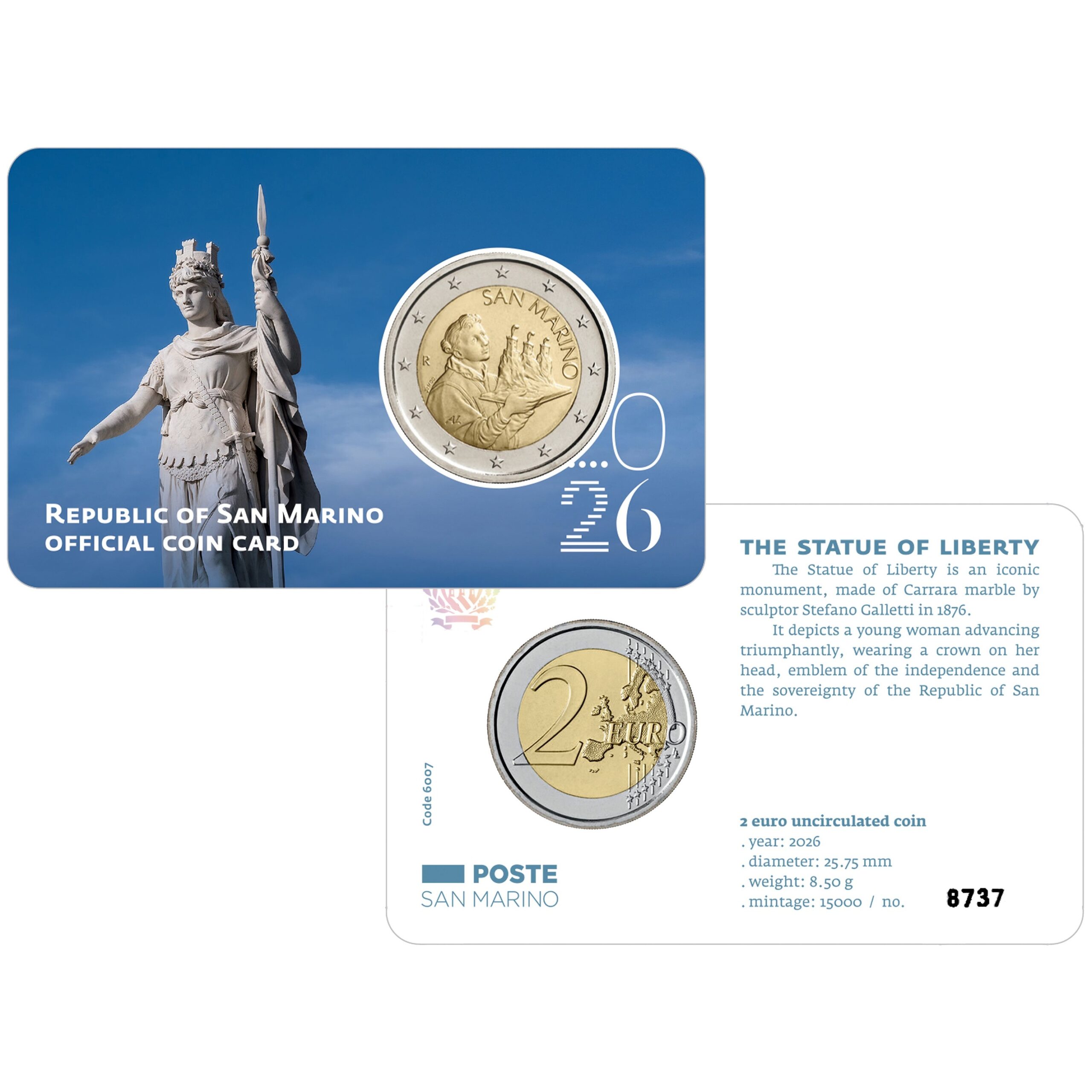Saint-Marin - Pièce 2 Euro 2026 R cupro-nickel et nickel-laiton - Saint Marin portant les trois tours (Statue de la Liberté) – Image 3