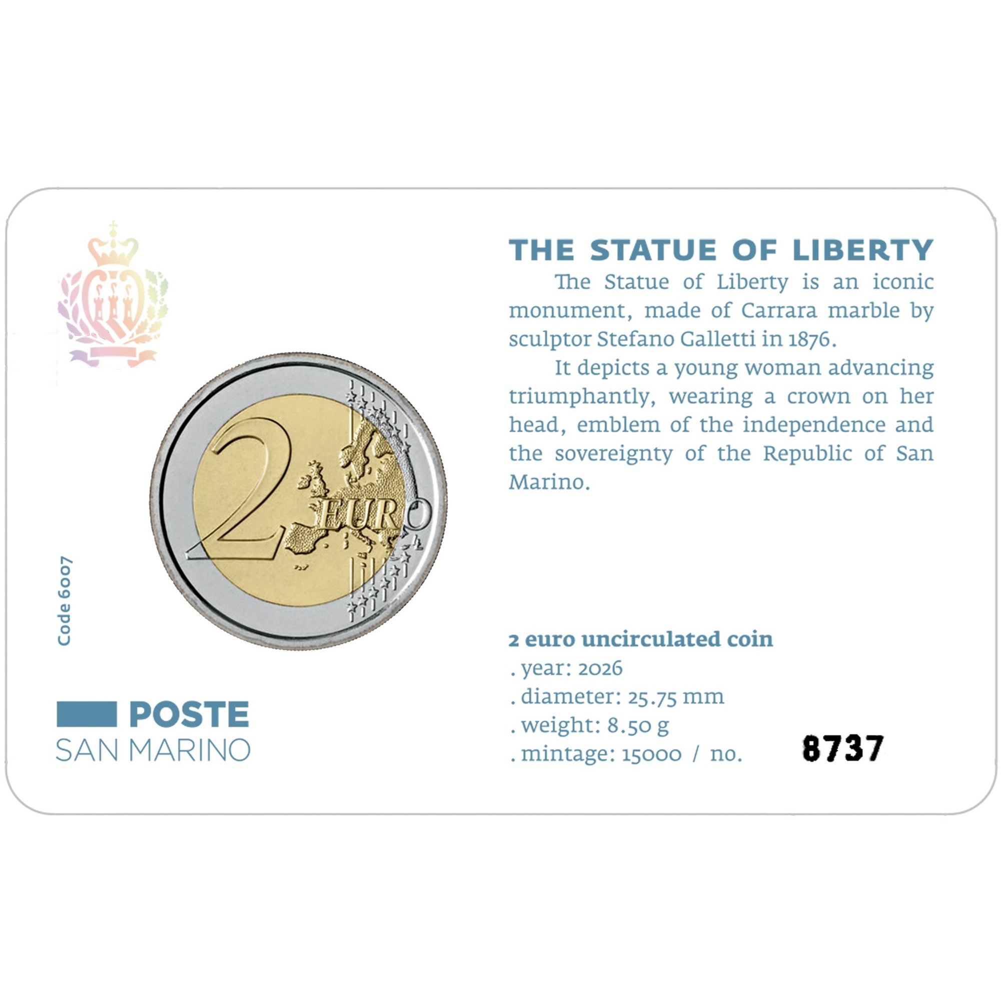 Saint-Marin - Pièce 2 Euro 2026 R cupro-nickel et nickel-laiton - Saint Marin portant les trois tours (Statue de la Liberté) – Image 2