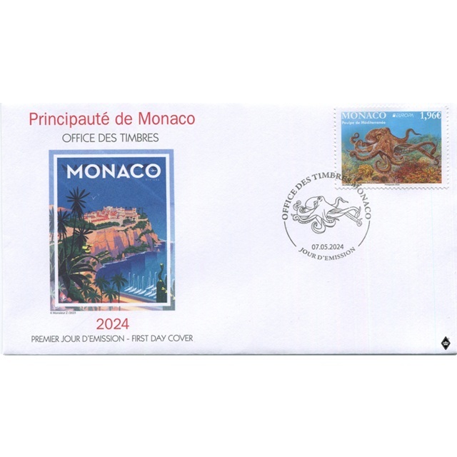 Monaco - Timbre 1,96 Euro 2024 - Poulpe de Méditerranée (sur enveloppe Premier Jour)