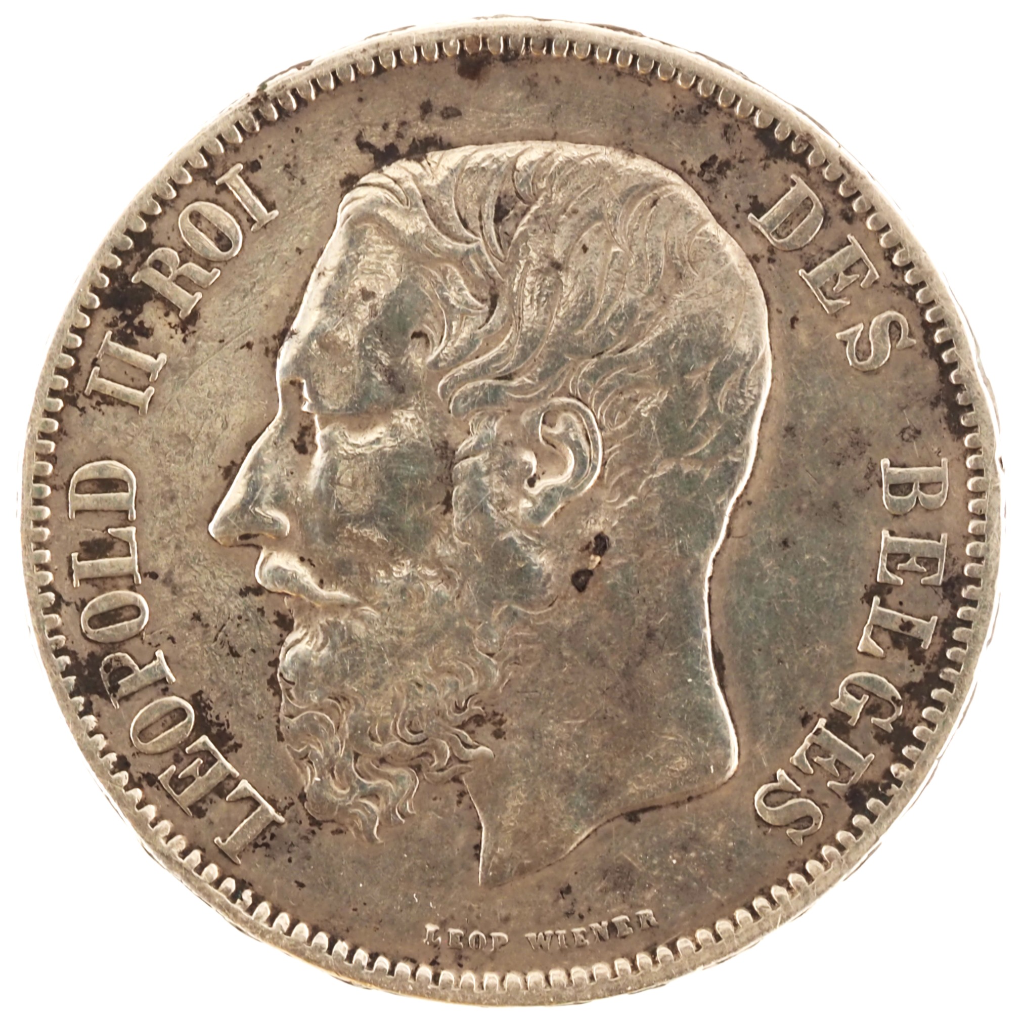Belgique - Pièce 5 Francs 1868 argent - Léopold II, petite tête / Ecu belge (tranche A) – Image 2