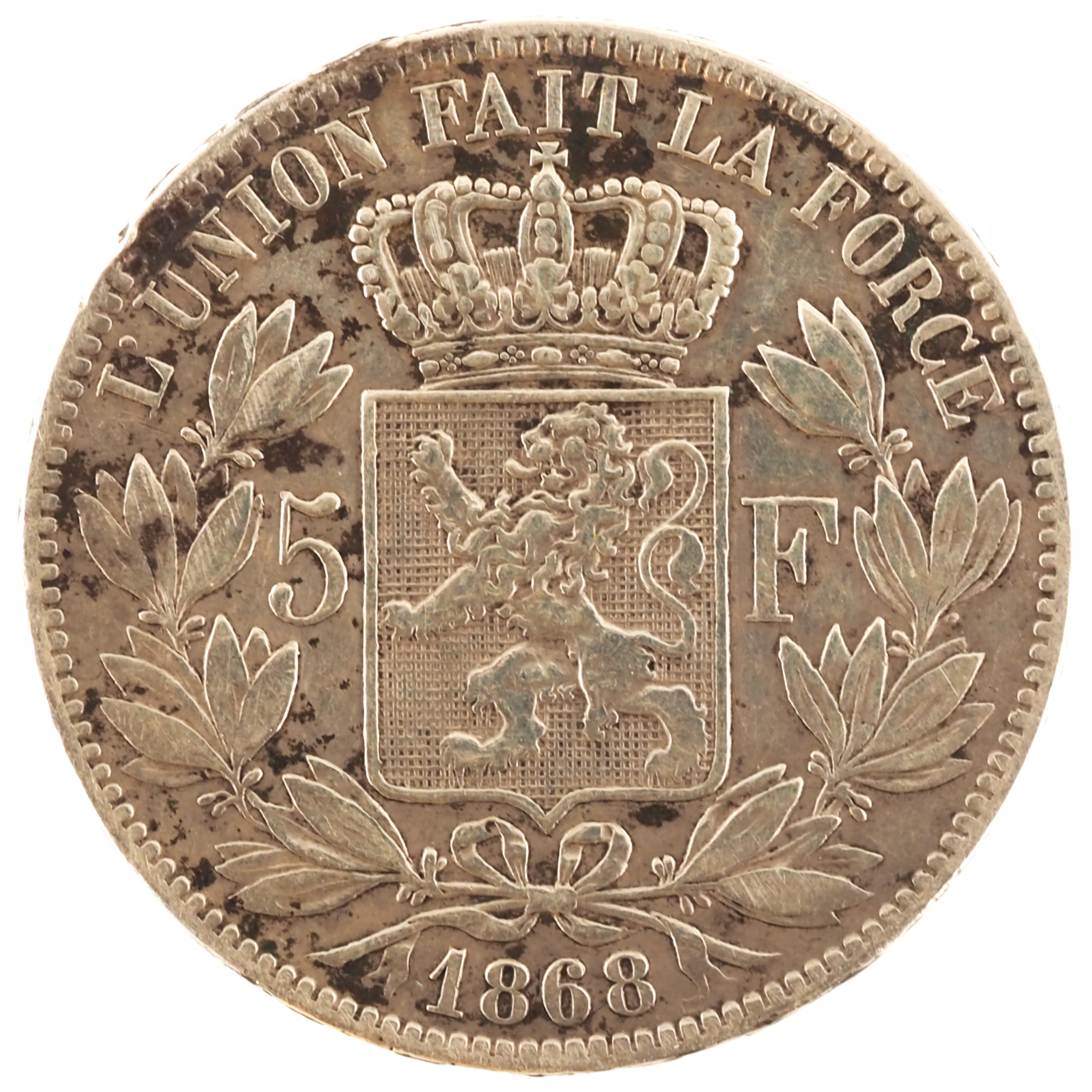 Belgique - Pièce 5 Francs 1868 argent - Léopold II, petite tête / Ecu belge (tranche A)
