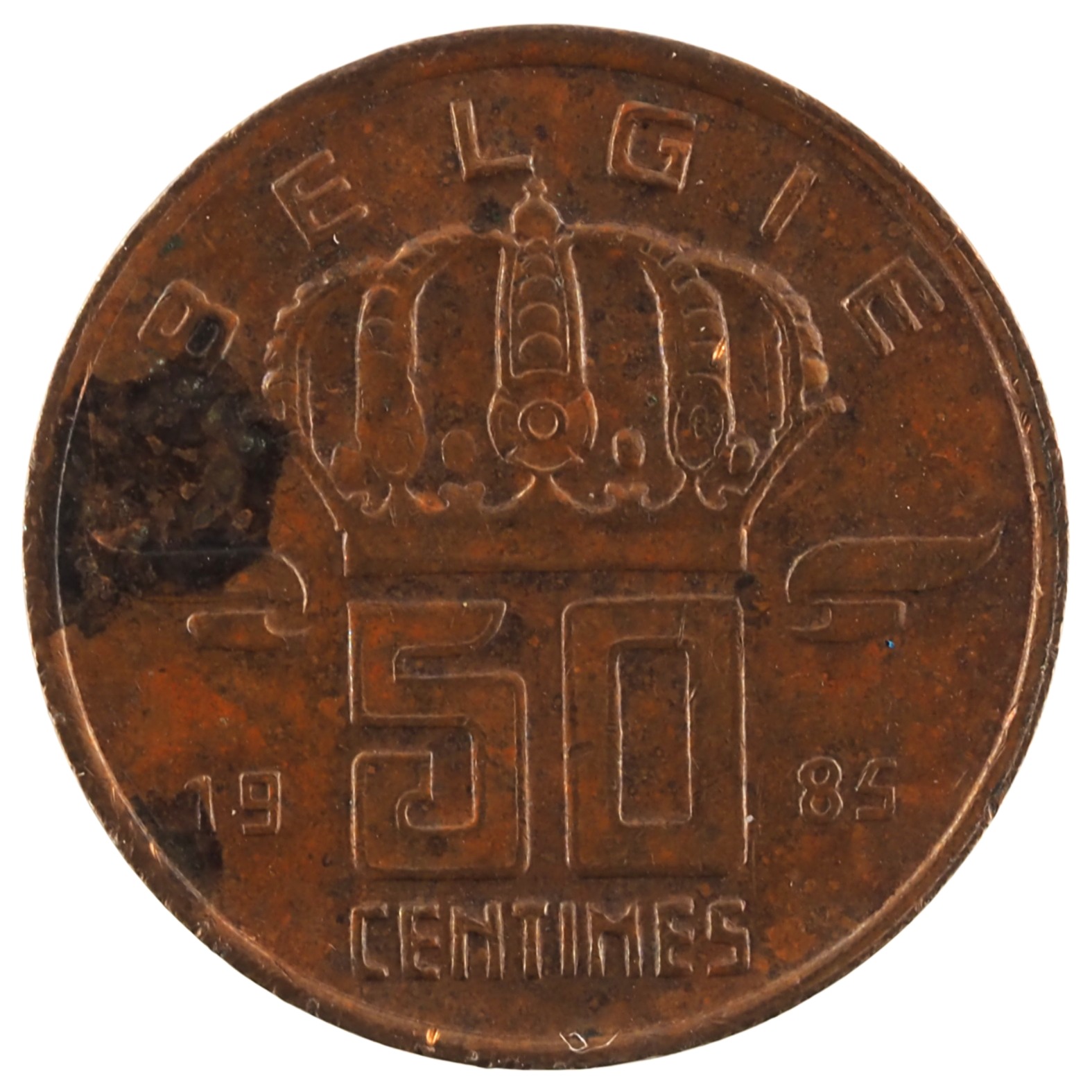 Belgique - Pièce 50 Centimes 1985 bronze - Mineur, grosse tête, nom du pays émetteur en néerlandais