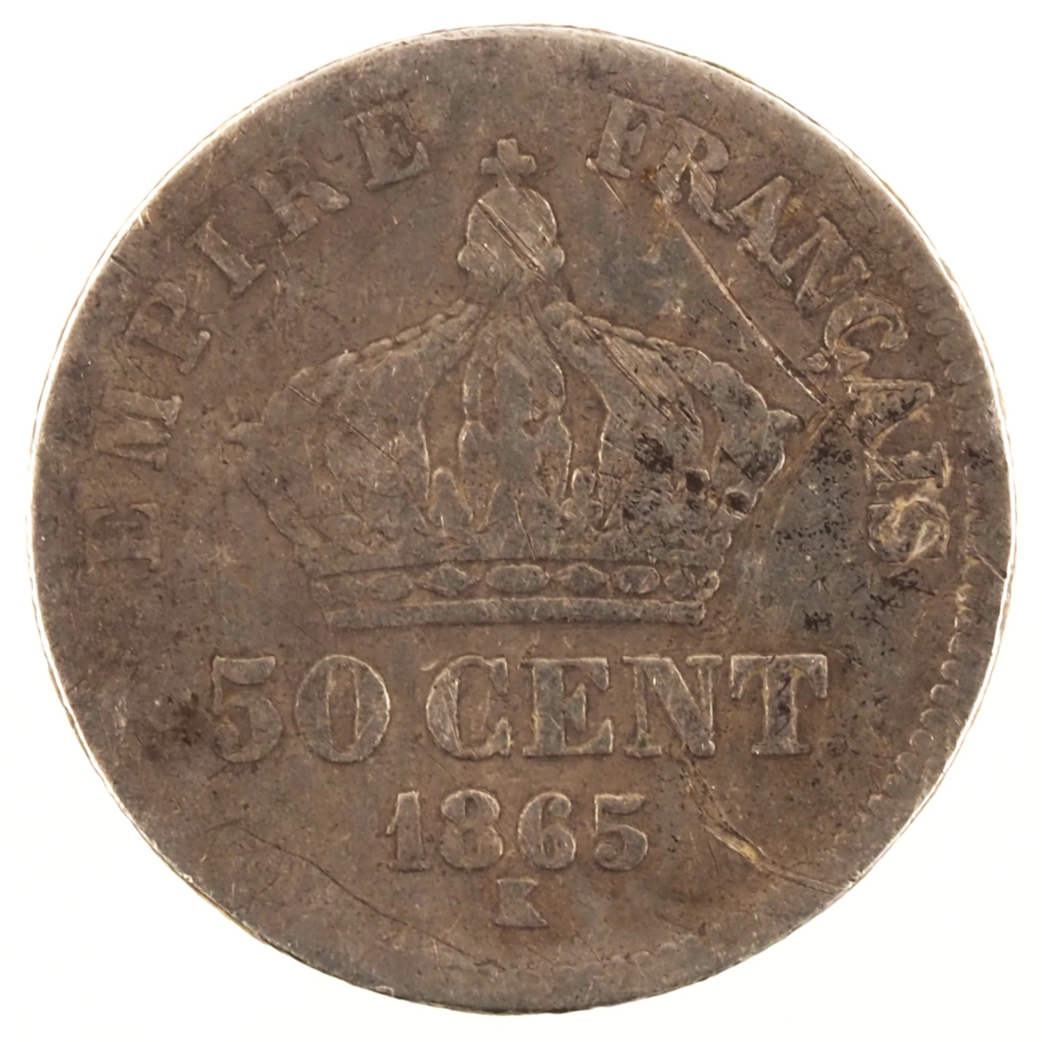 France - Pièce 50 Centimes 1865 K argent - Napoléon III, tête laurée