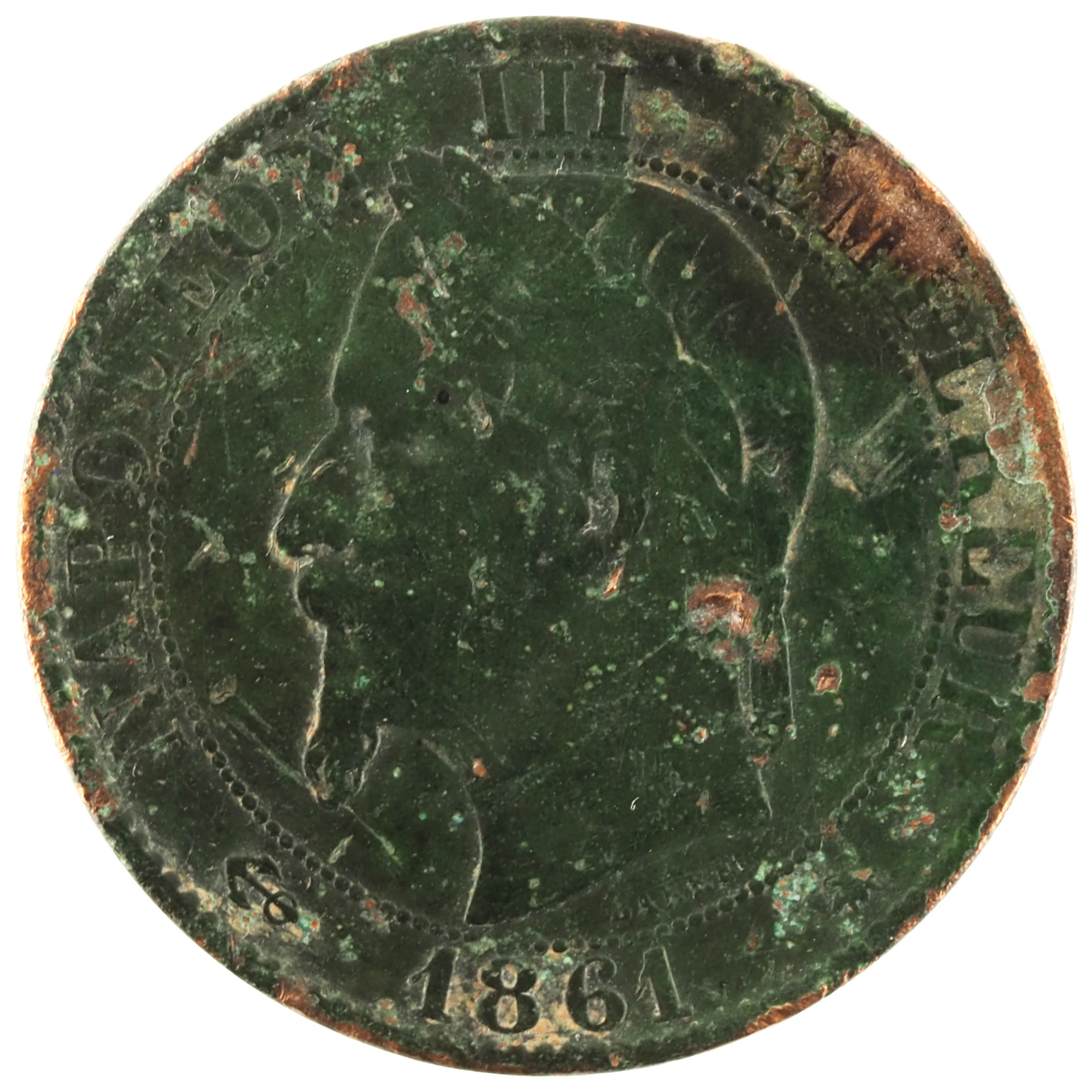 France - Pièce Cinq Centimes 1861 A bronze - Napoléon III, tête laurée
