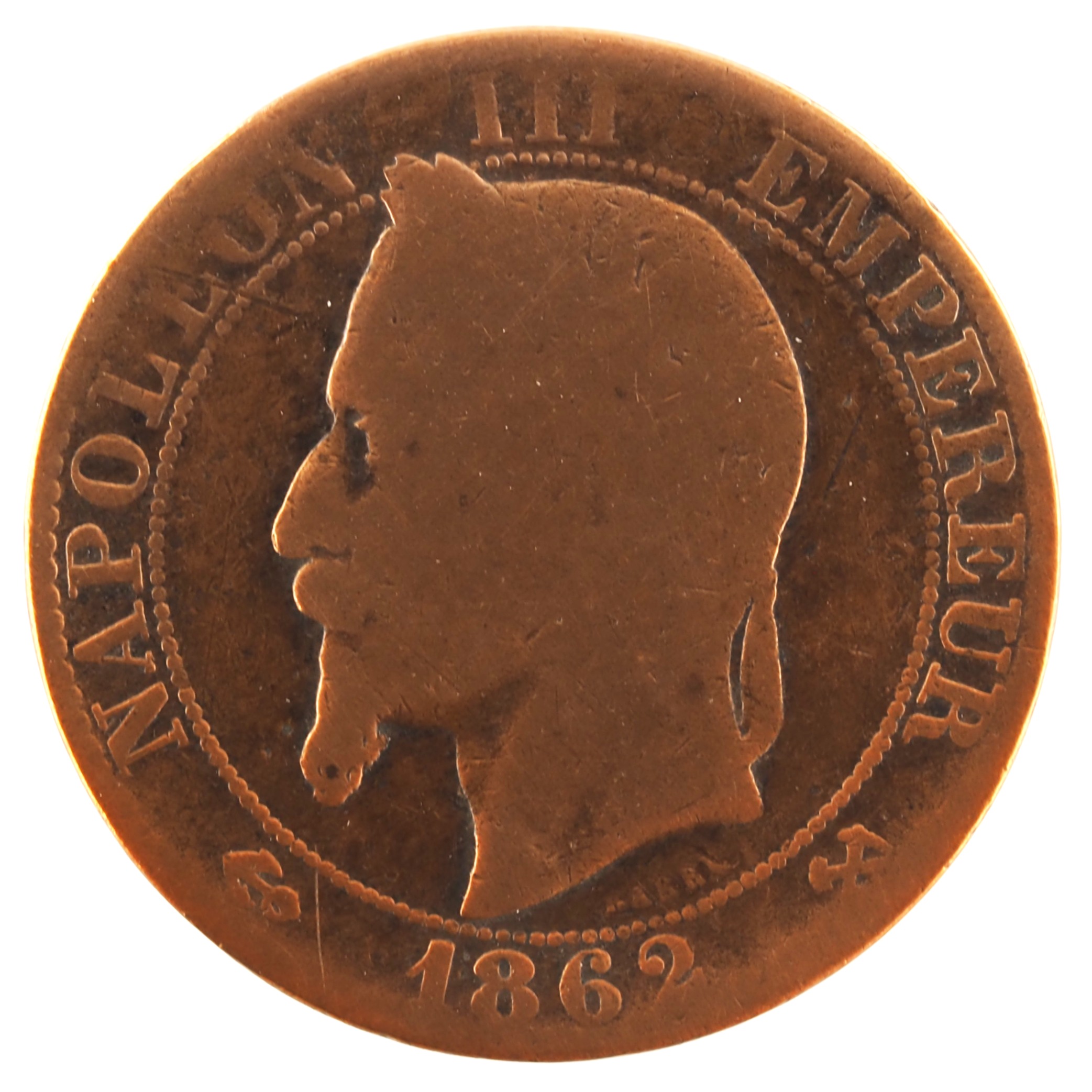 France - Pièce Cinq Centimes 1862 K bronze - Napoléon III, tête laurée