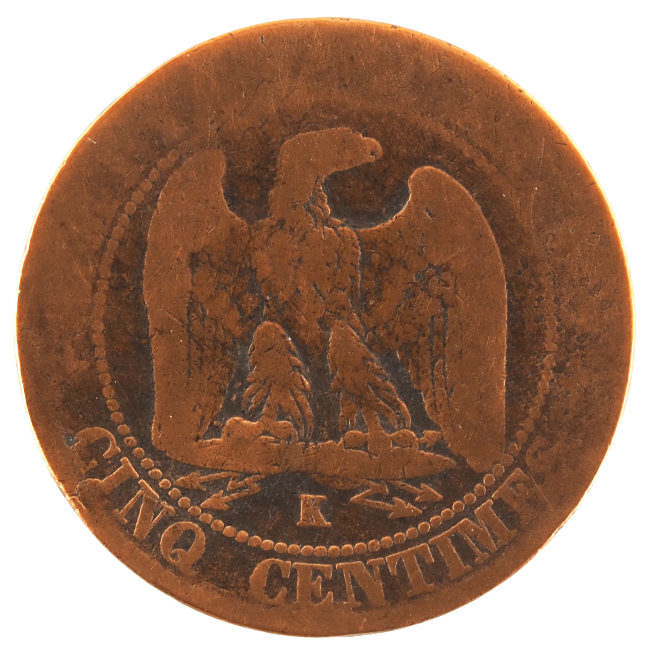 France - Pièce Cinq Centimes 1862 K bronze - Napoléon III, tête laurée – Image 2