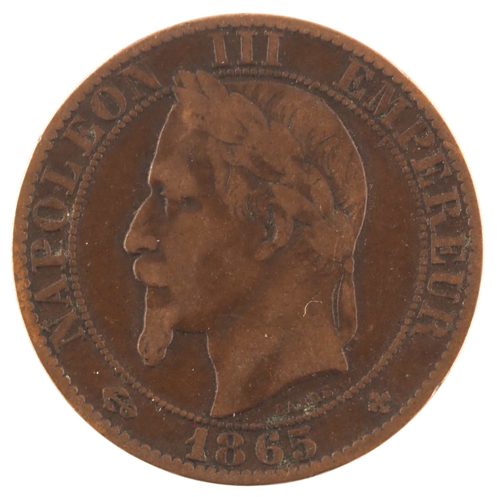 France - Pièce Cinq Centimes 1865 BB bronze - Napoléon III, tête laurée