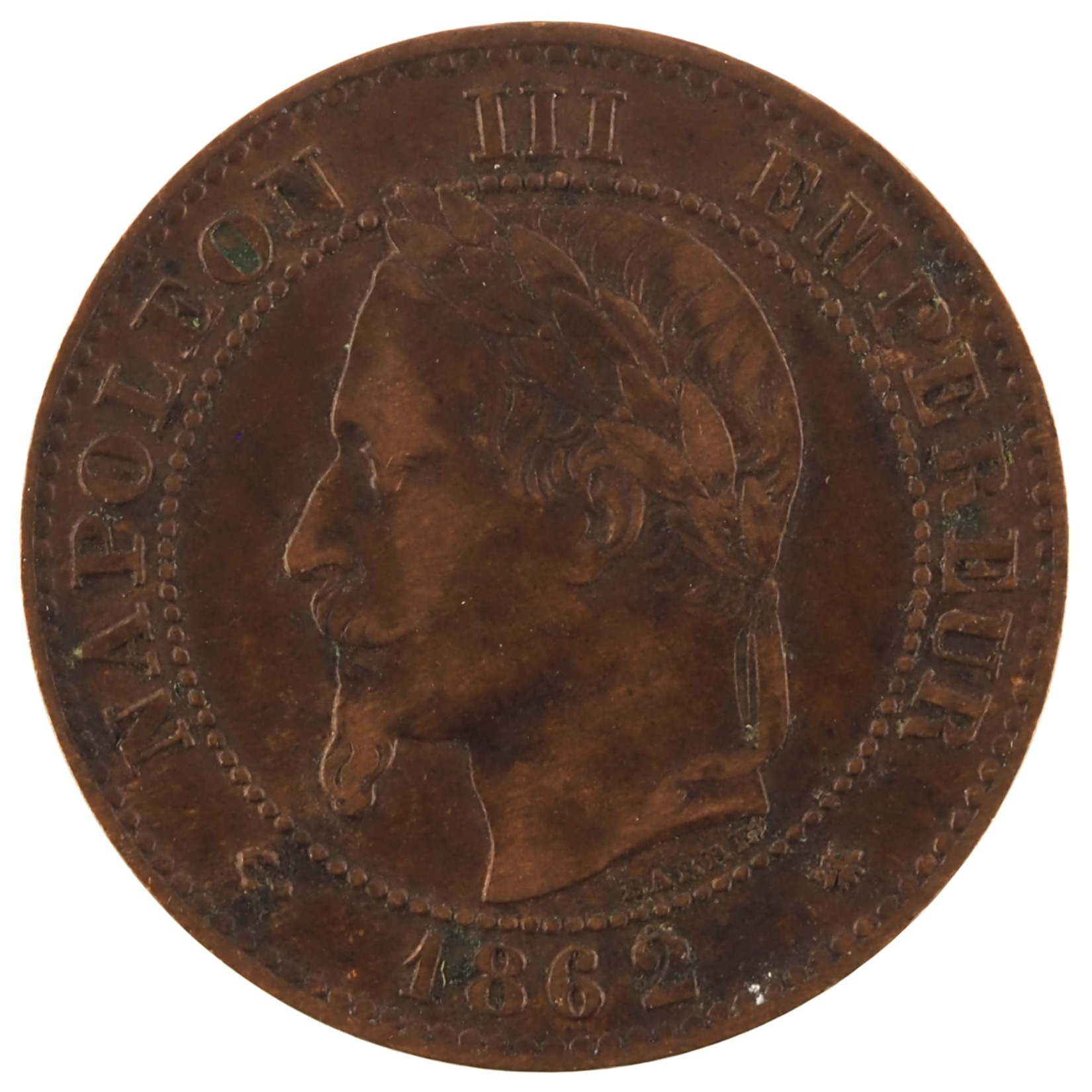 France - Pièce Deux Centimes 1862 A bronze - Napoléon III, tête laurée, buste définitif