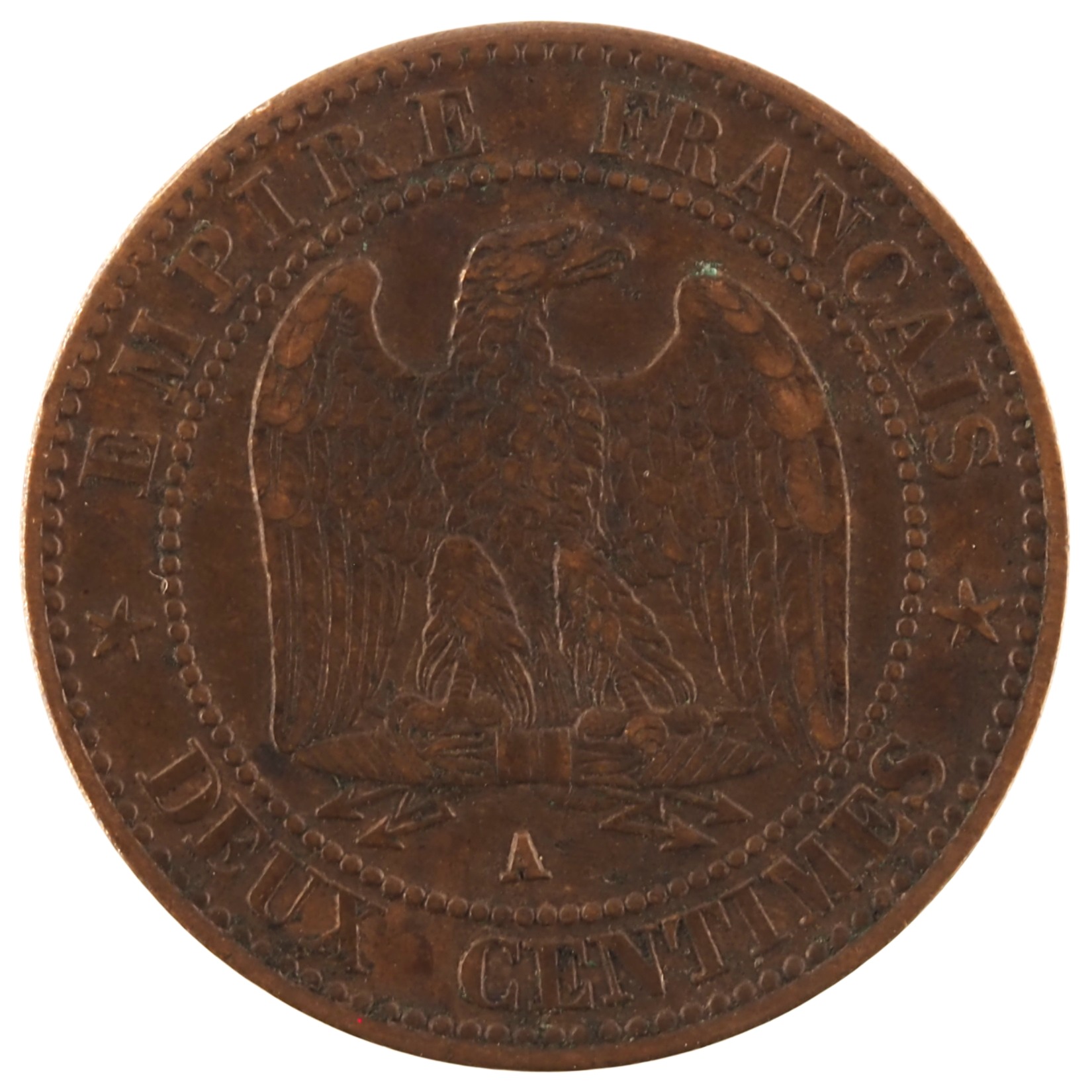 France - Pièce Deux Centimes 1862 A bronze - Napoléon III, tête laurée, buste définitif – Image 2