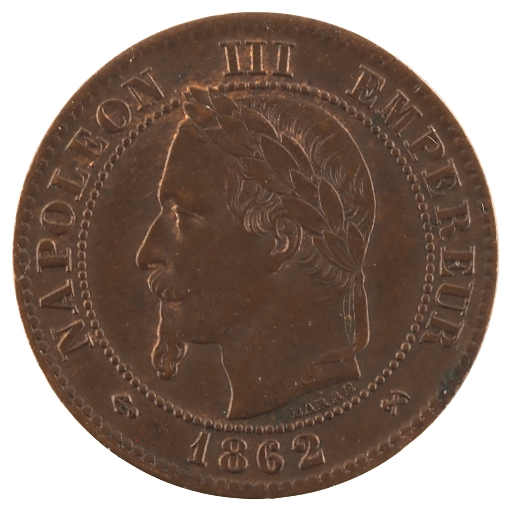 France - Pièce Deux Centimes 1862 K bronze - Napoléon III, tête laurée, buste définitif