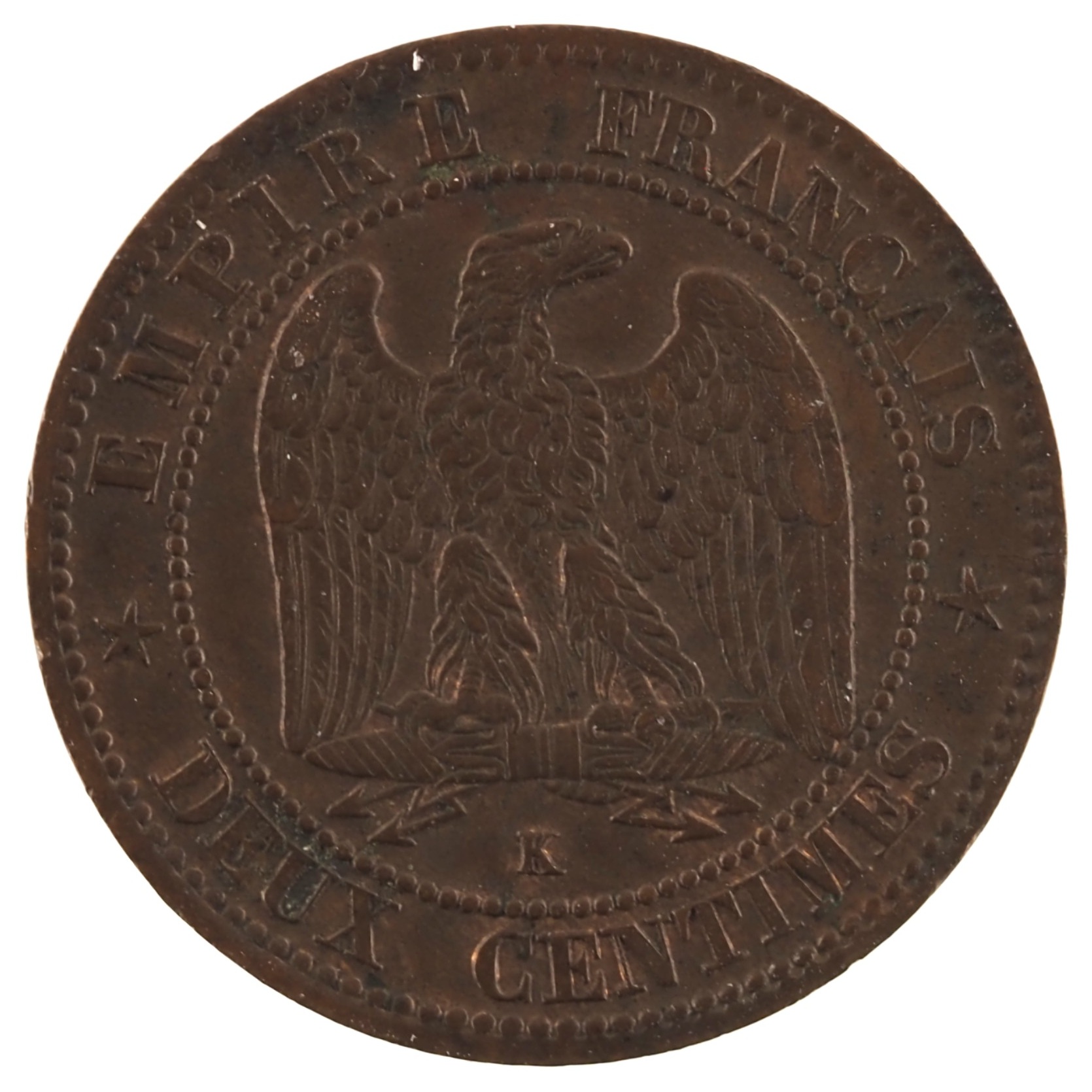 France - Pièce Deux Centimes 1862 K bronze - Napoléon III, tête laurée, buste définitif – Image 2