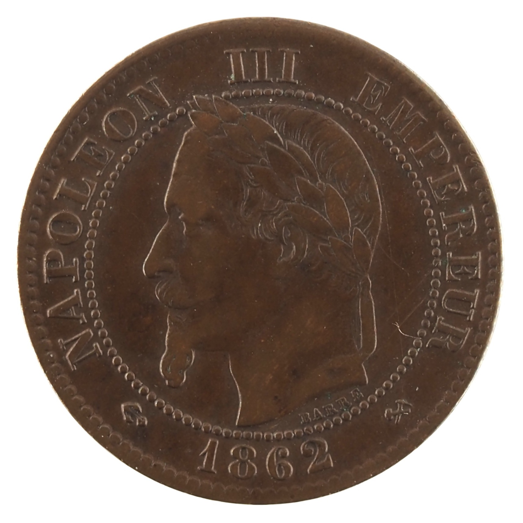 France - Pièce Deux Centimes 1862 K bronze - Napoléon III, tête laurée, buste définitif