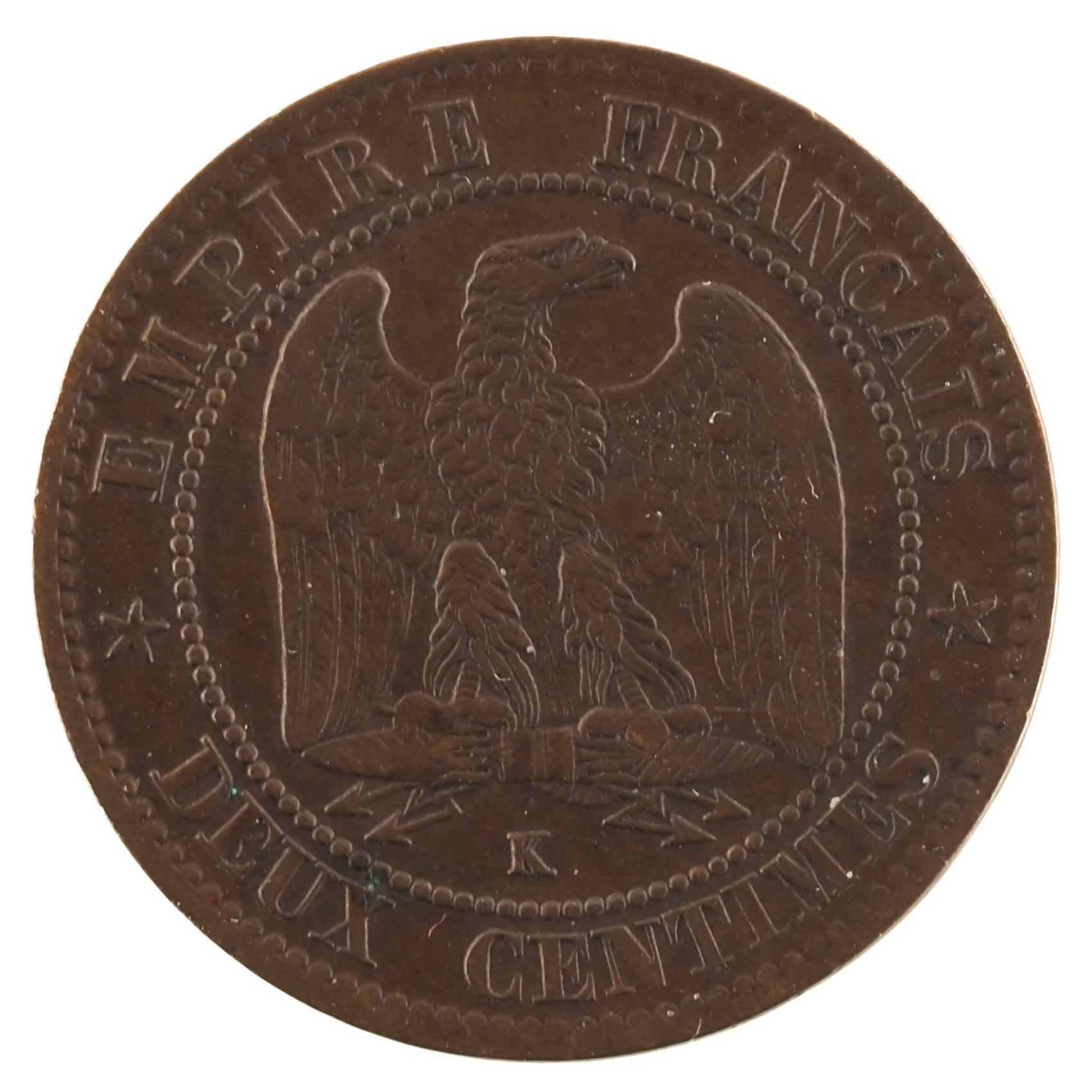 France - Pièce Deux Centimes 1862 K bronze - Napoléon III, tête laurée, buste définitif – Image 2