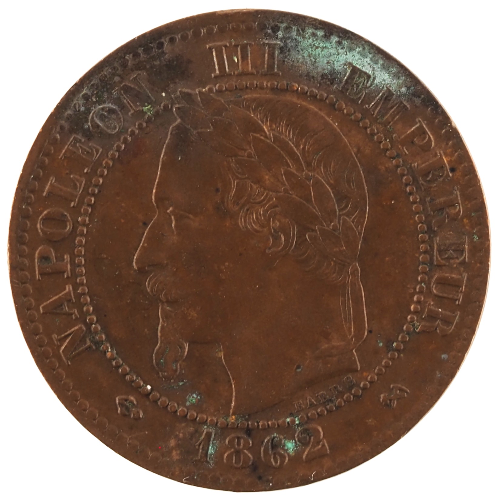France - Pièce Deux Centimes 1862 K bronze - Napoléon III, tête laurée, buste définitif