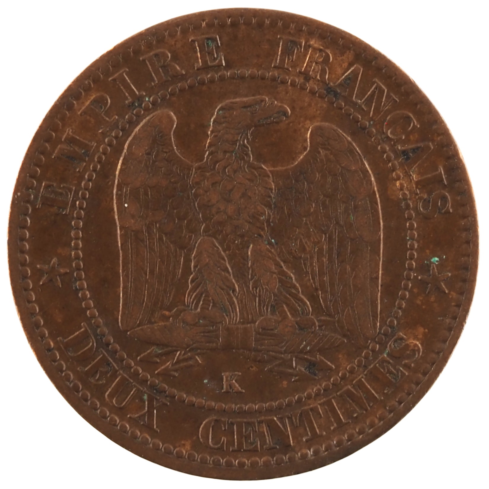France - Pièce Deux Centimes 1862 K bronze - Napoléon III, tête laurée, buste définitif – Image 2
