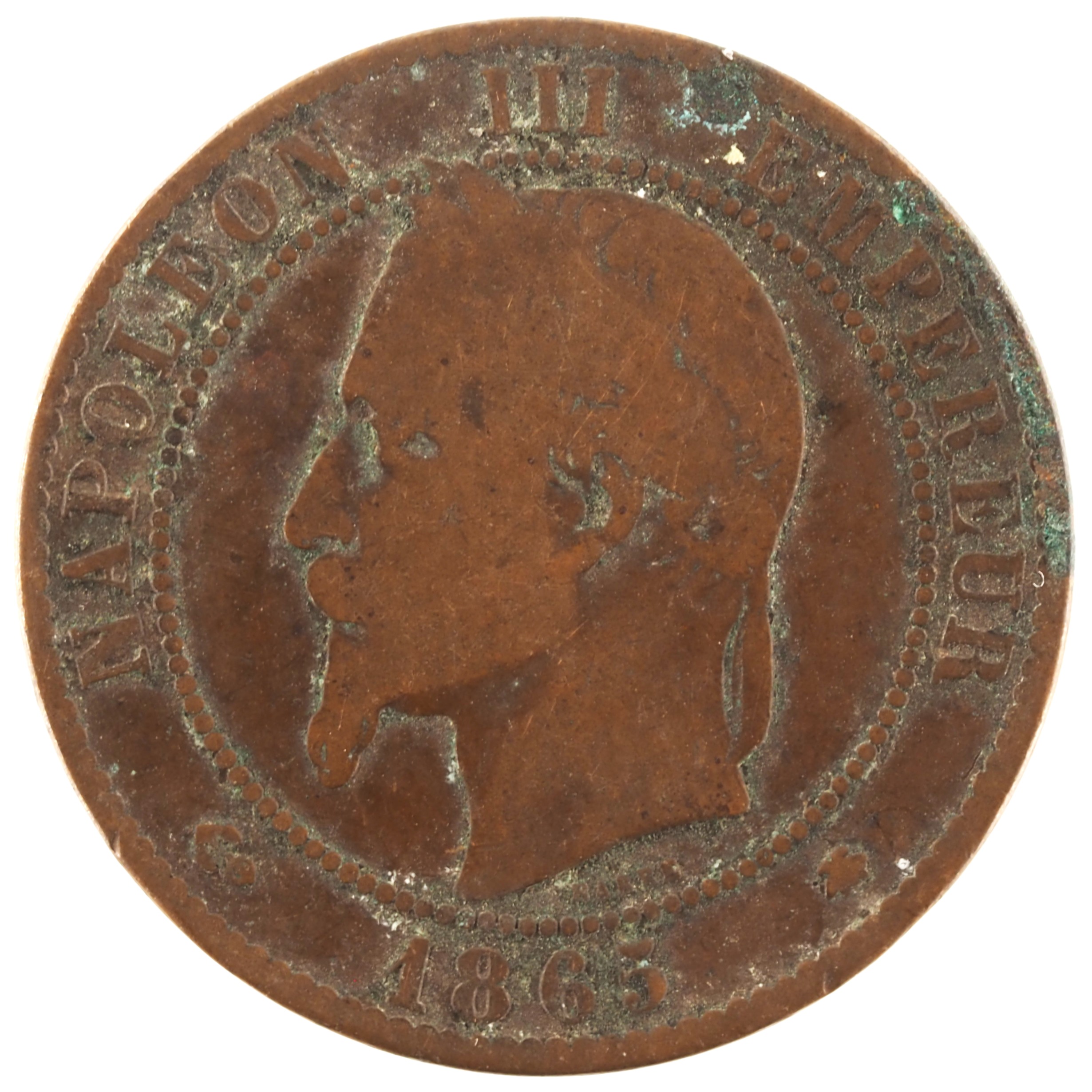 France - Pièce Dix Centimes 1865 A bronze - Napoléon III, tête laurée
