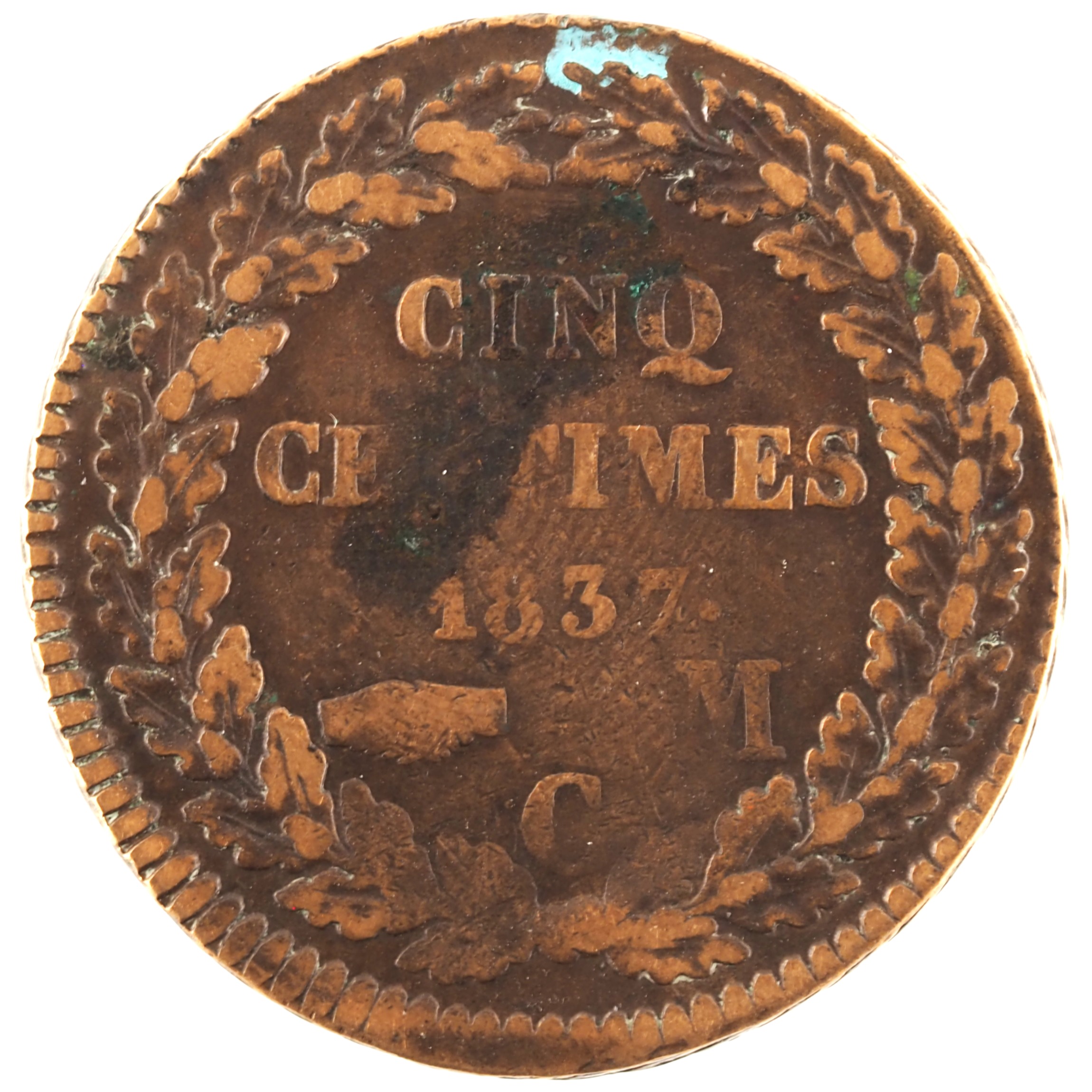 Monaco - Pièce Cinq Centimes 1837 MC cuivre rouge - Honoré V