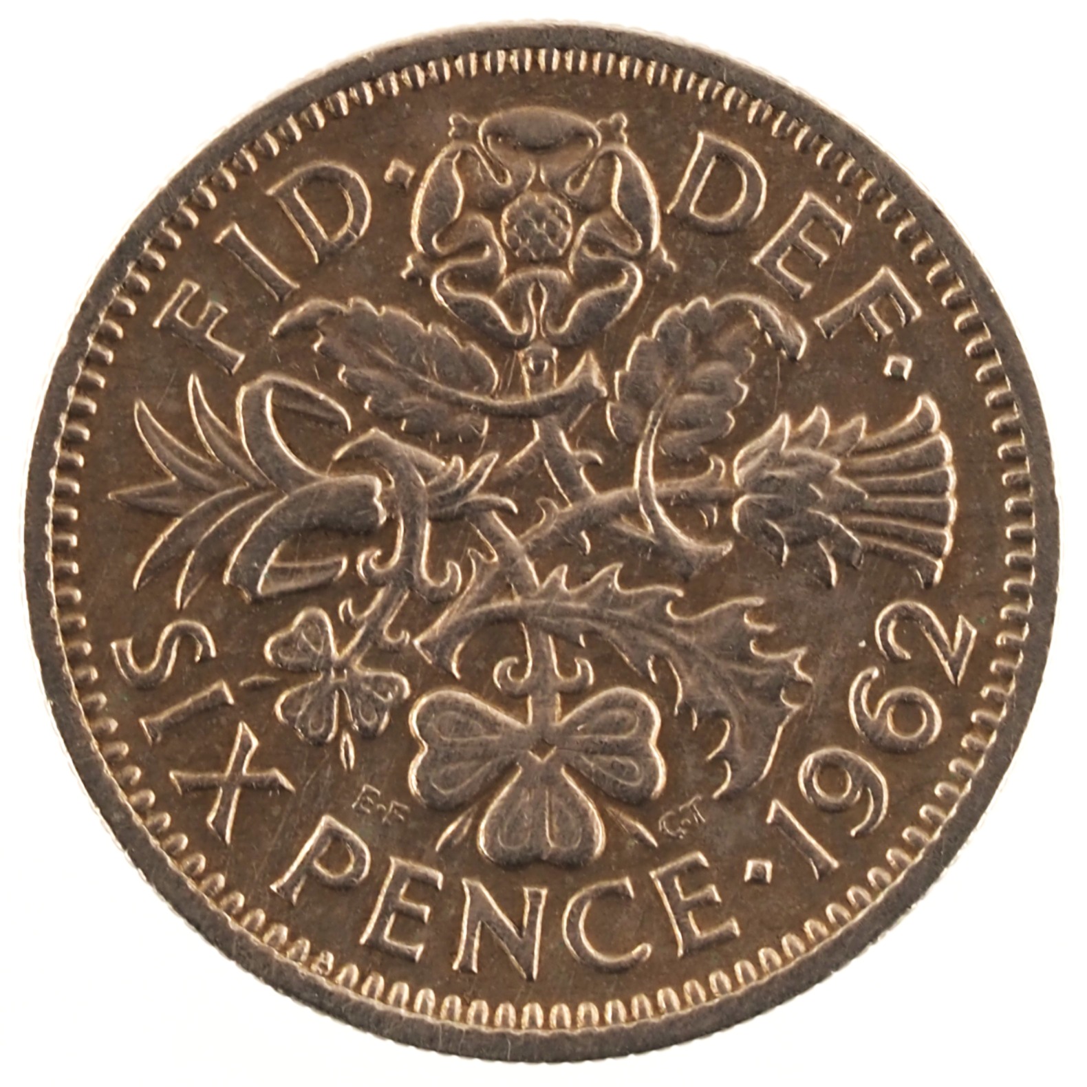 Royaume-Uni - Pièce Six Pence 1962 cupro-nickel - Elisabeth II, tête juvénile laurée / Rose, chardon, trèfle et poireau entrelacés