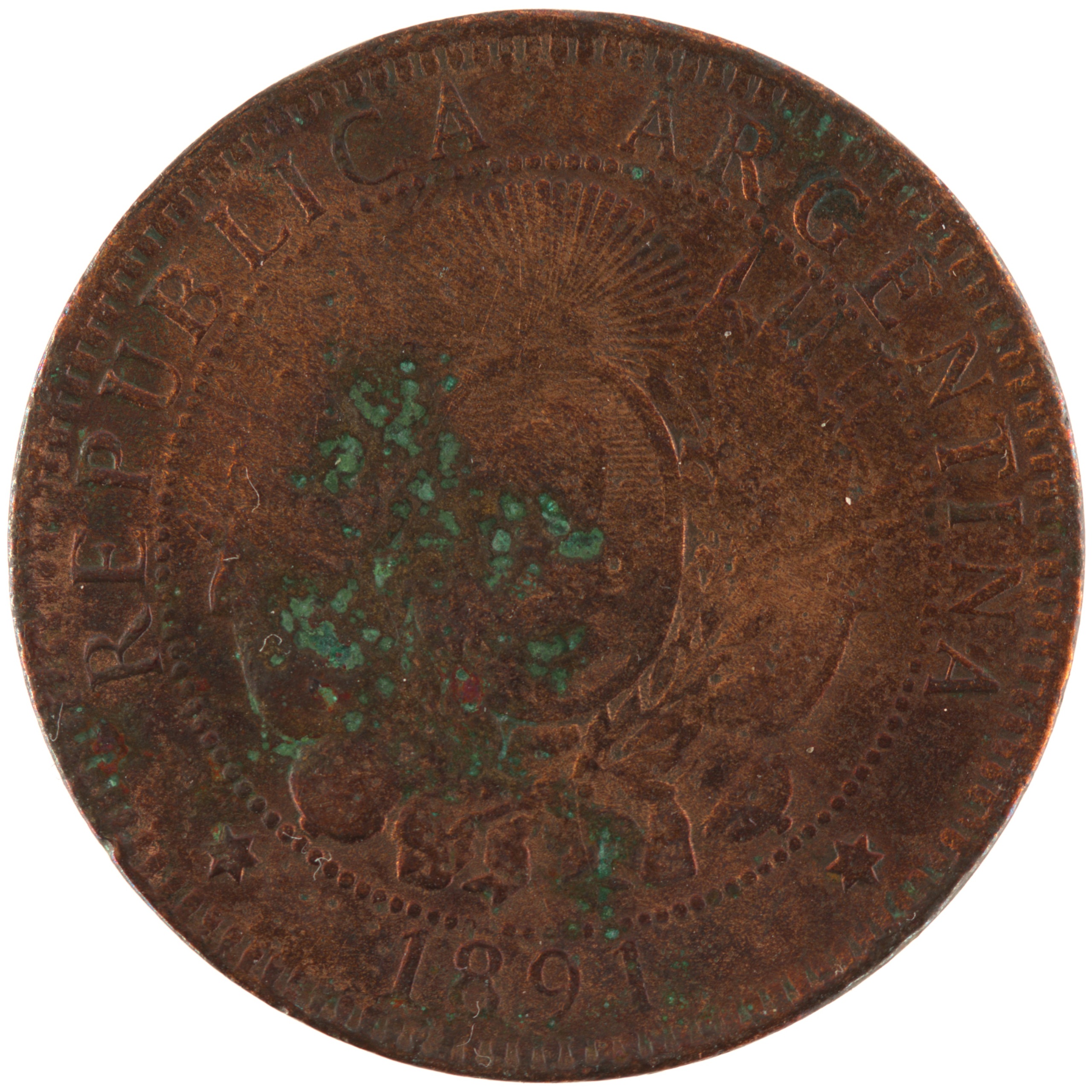 Argentine - Pièce Dos Centavos 1891 bronze - Armoiries / Liberté