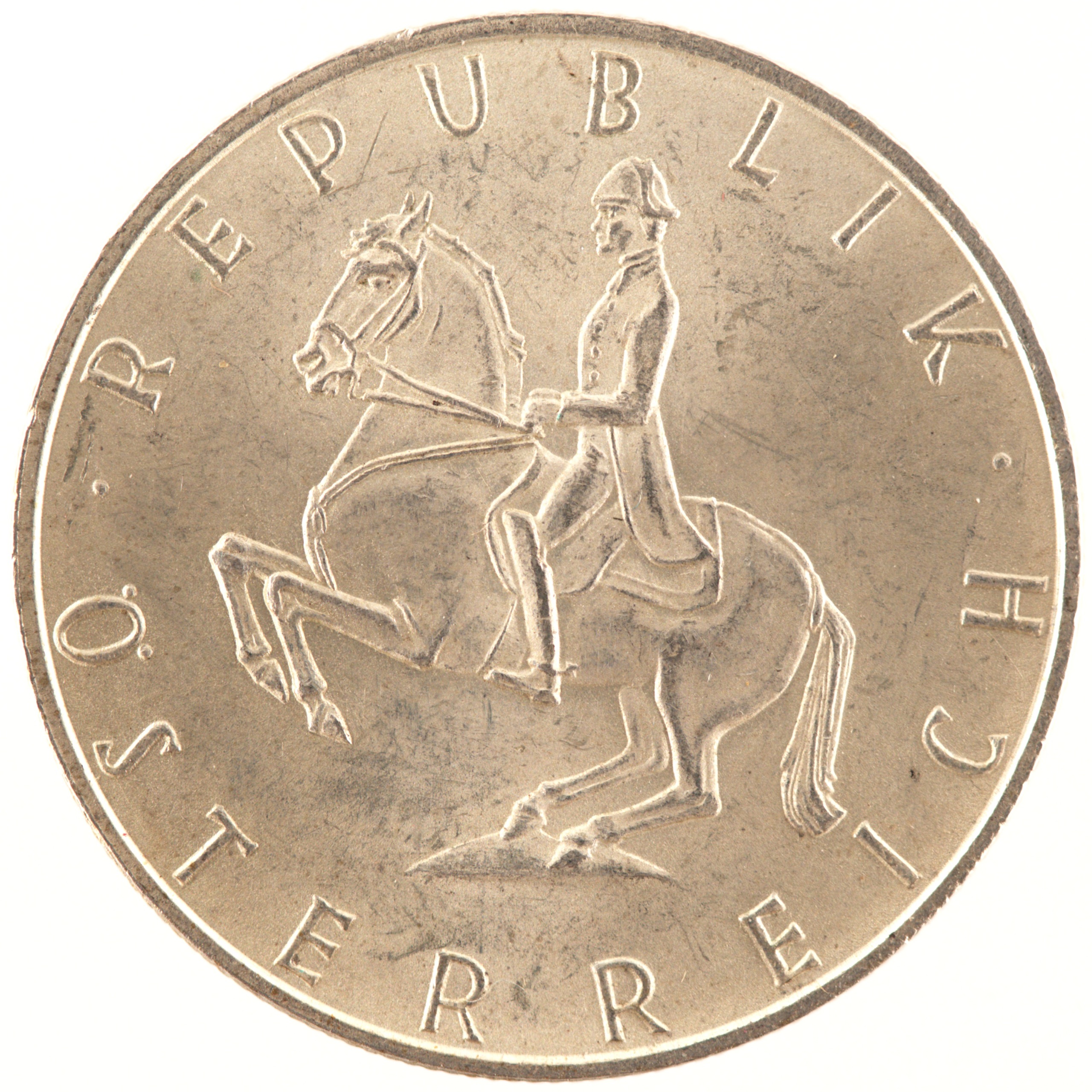 Autriche - Pièce 5 Schilling 1968 argent - Cavalier de l'école espagnole d'équitation / Armoiries autrichiennes – Image 2