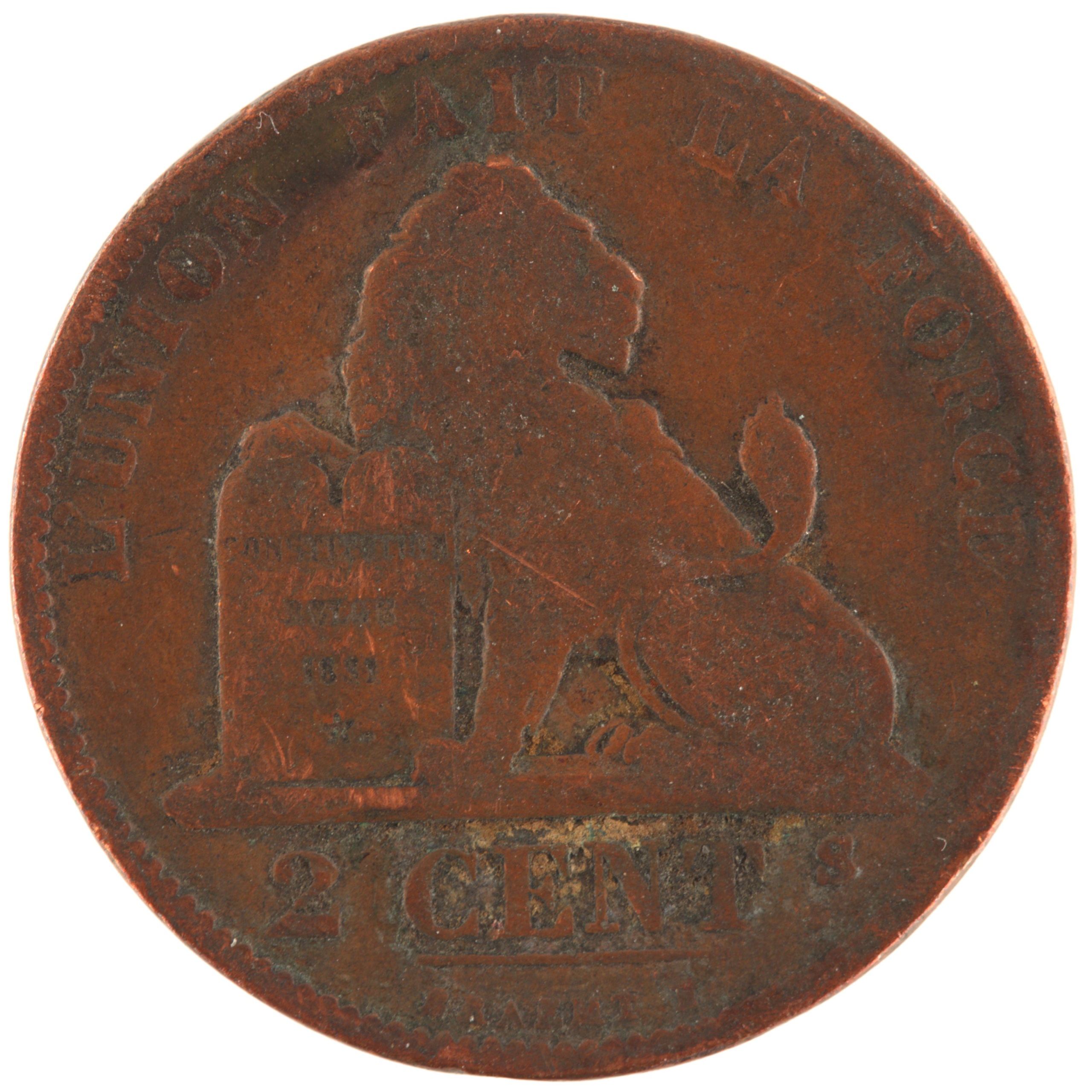 Belgique - Pièce 2 Centimes 1875 cuivre - Monogramme de Léopold II / Lion, légendes en français – Image 2