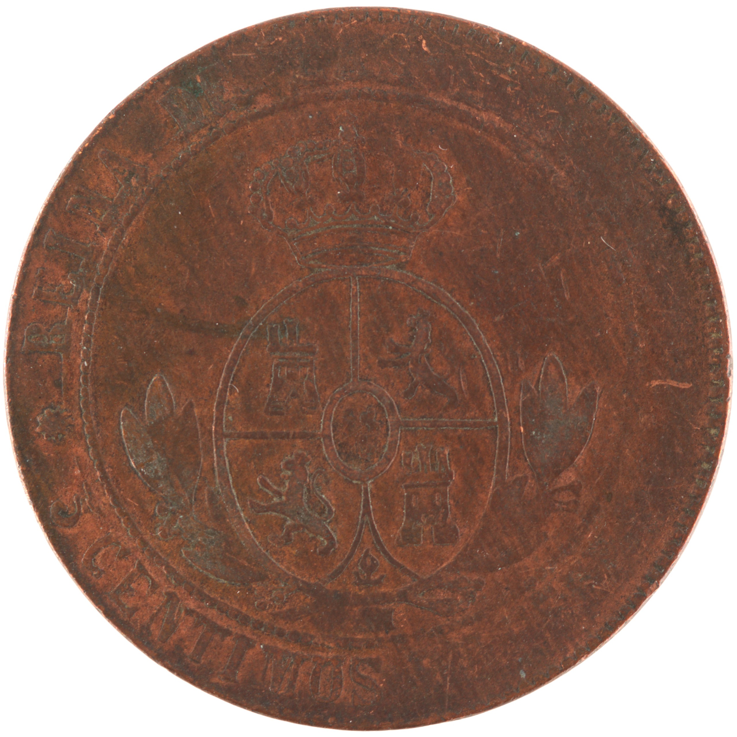 Espagne - Pièce 5 Centimos de Escudo 1867 bronze - Isabelle II – Image 2