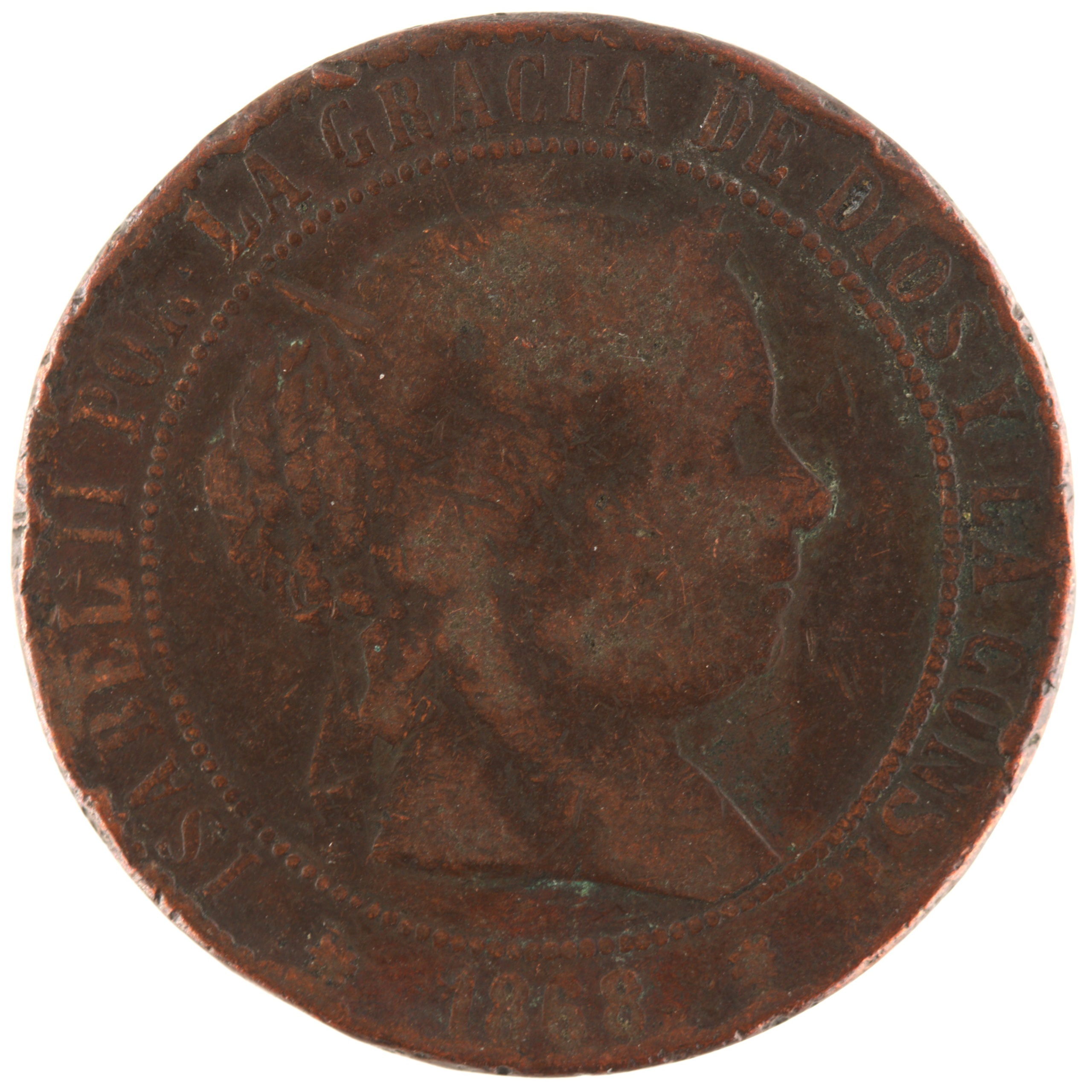 Espagne - Pièce 5 Centimos de Escudo 1868 bronze - Isabelle II
