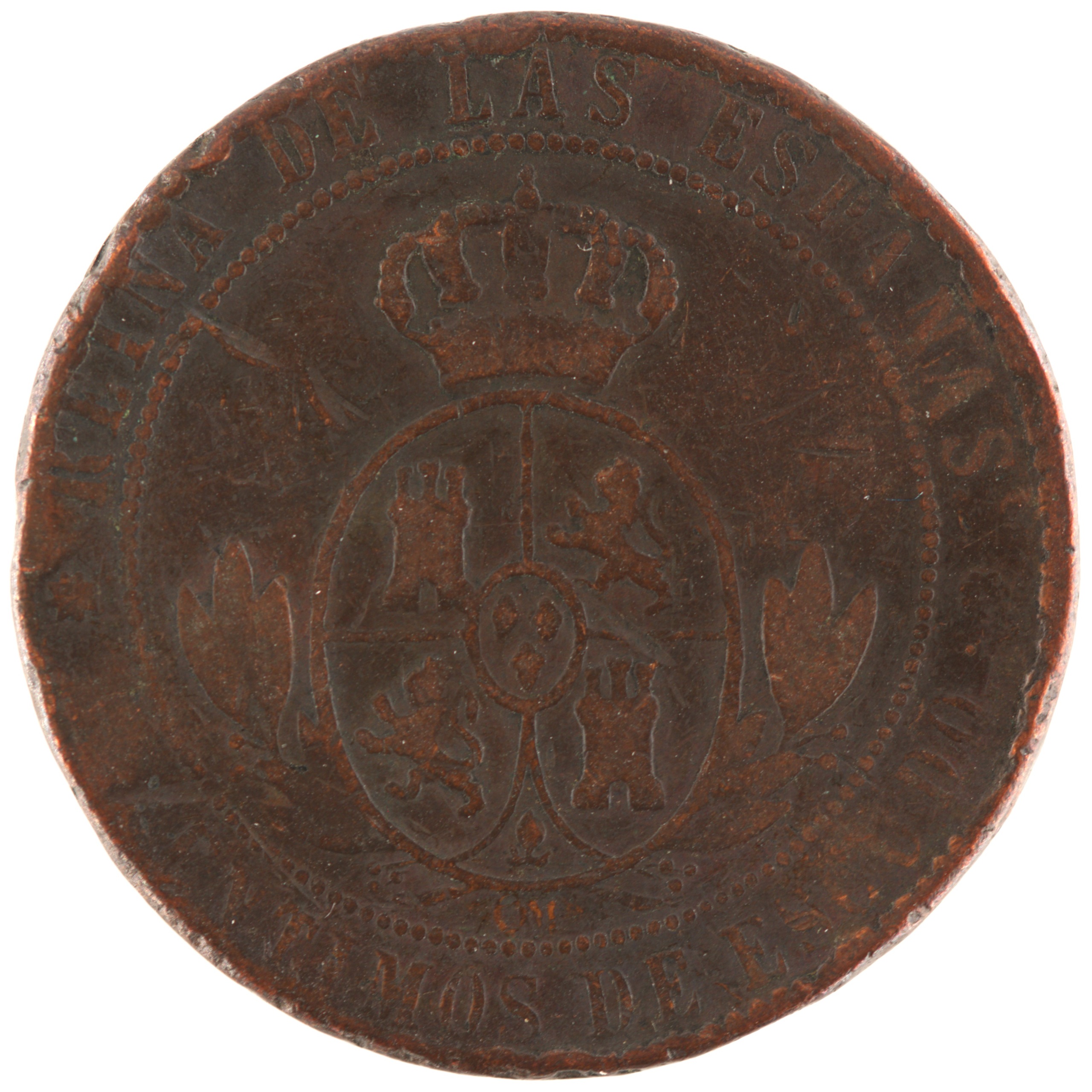 Espagne - Pièce 5 Centimos de Escudo 1868 bronze - Isabelle II – Image 2