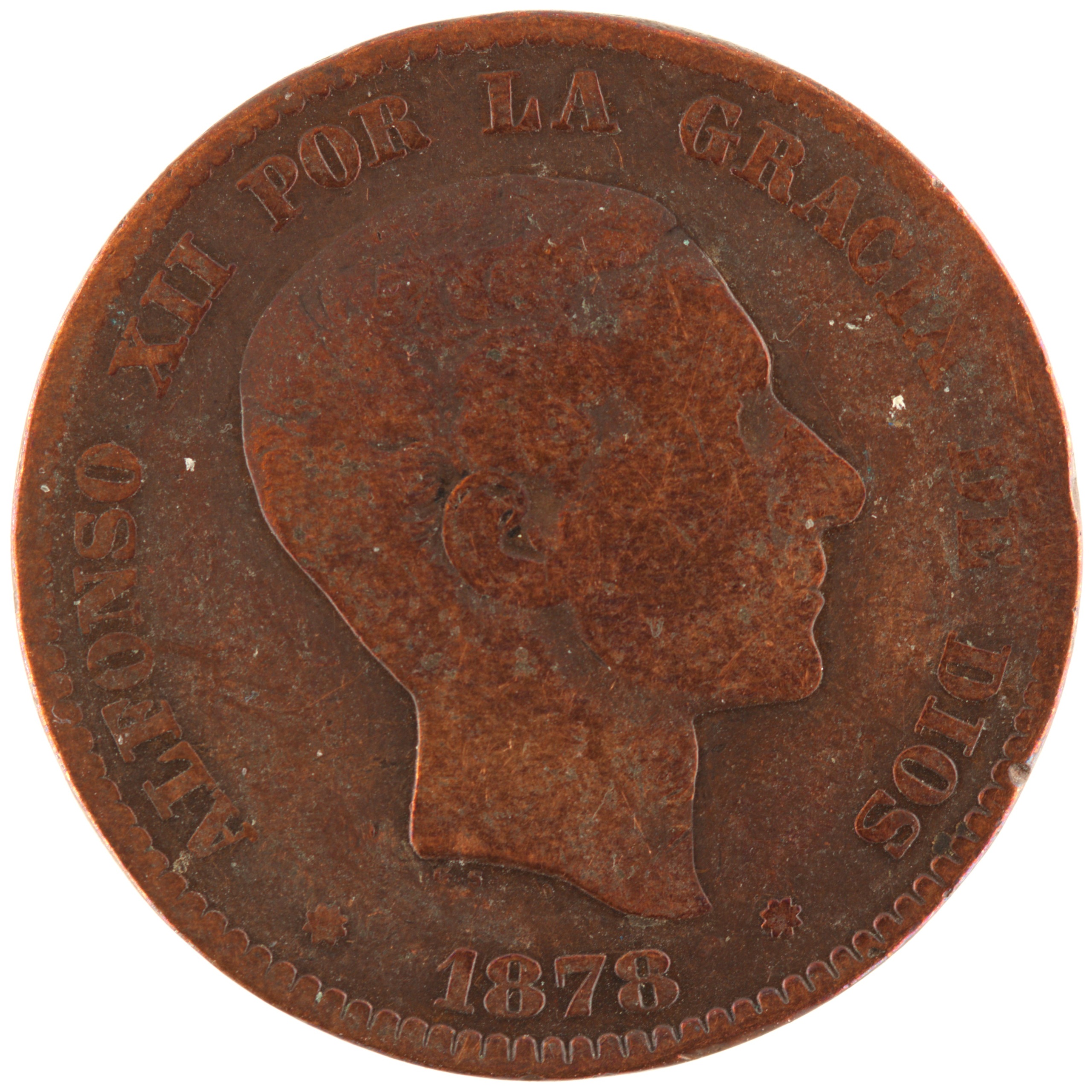 Espagne - Pièce Diez Centimos 1878 bronze - Alphonse XII