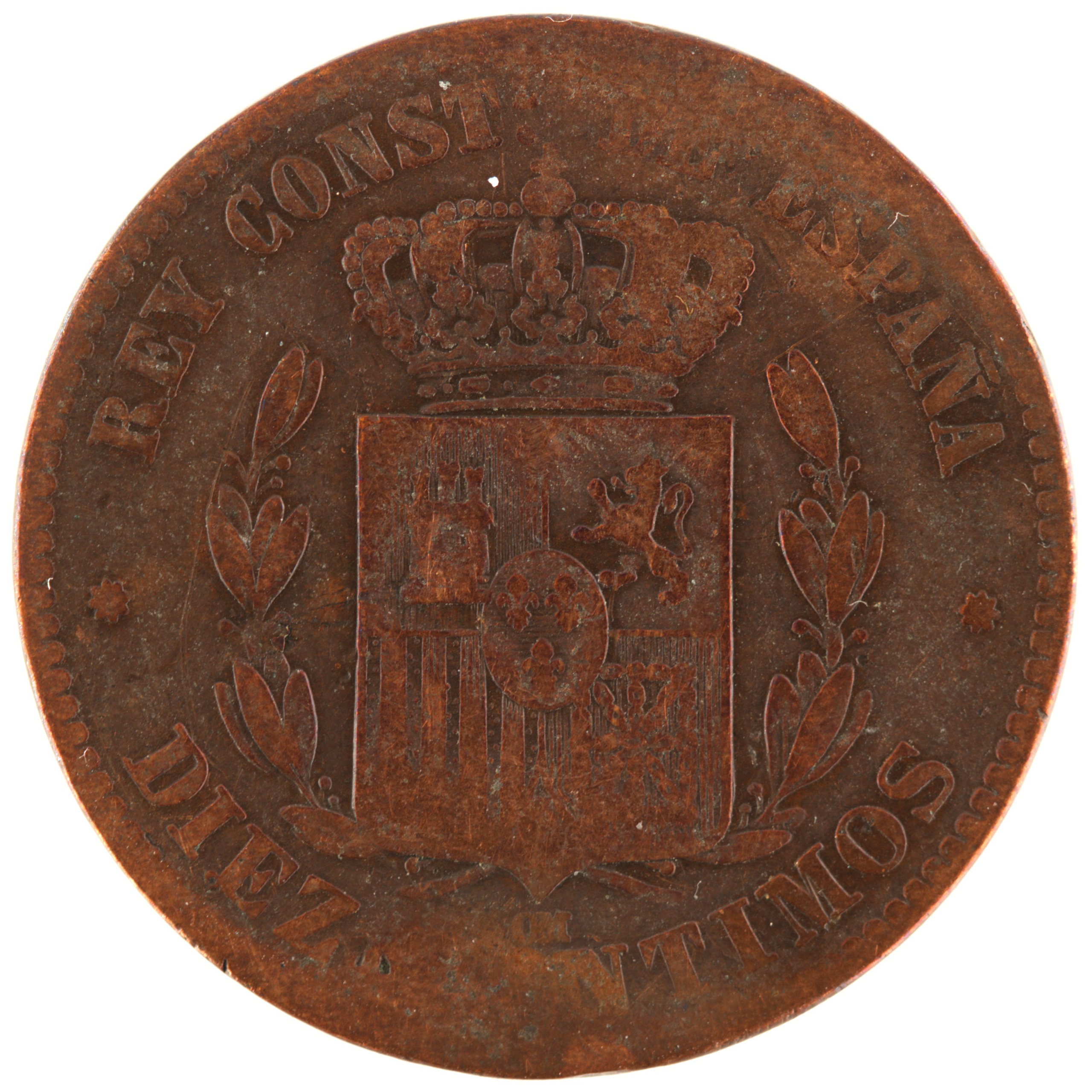 Espagne - Pièce Diez Centimos 1878 bronze - Alphonse XII – Image 2