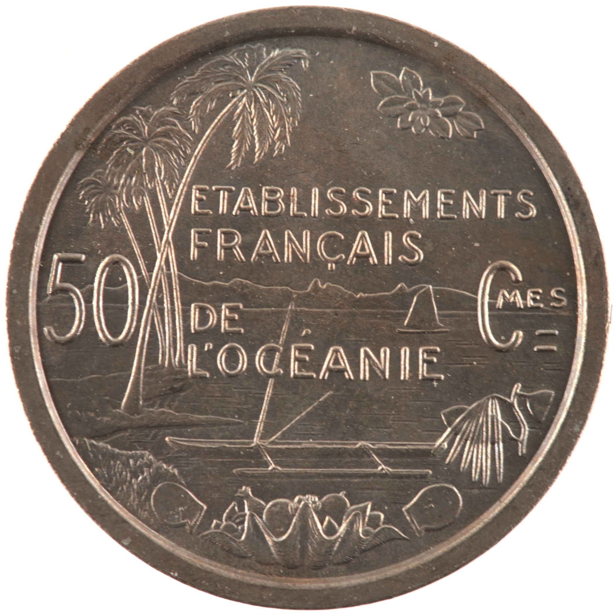Etablissements français de l'Océanie - Pièce essai 50 Centimes 1949 bronze-nickel - Minerve / Paysage maritime – Image 2