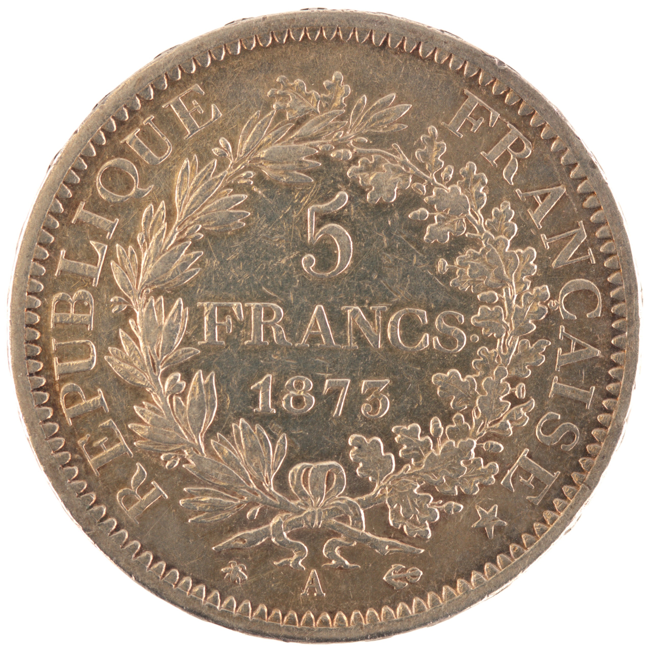 France - Pièce 5 Francs 1873 A argent - Hercule (Troisième République, ancre décalée à droite)