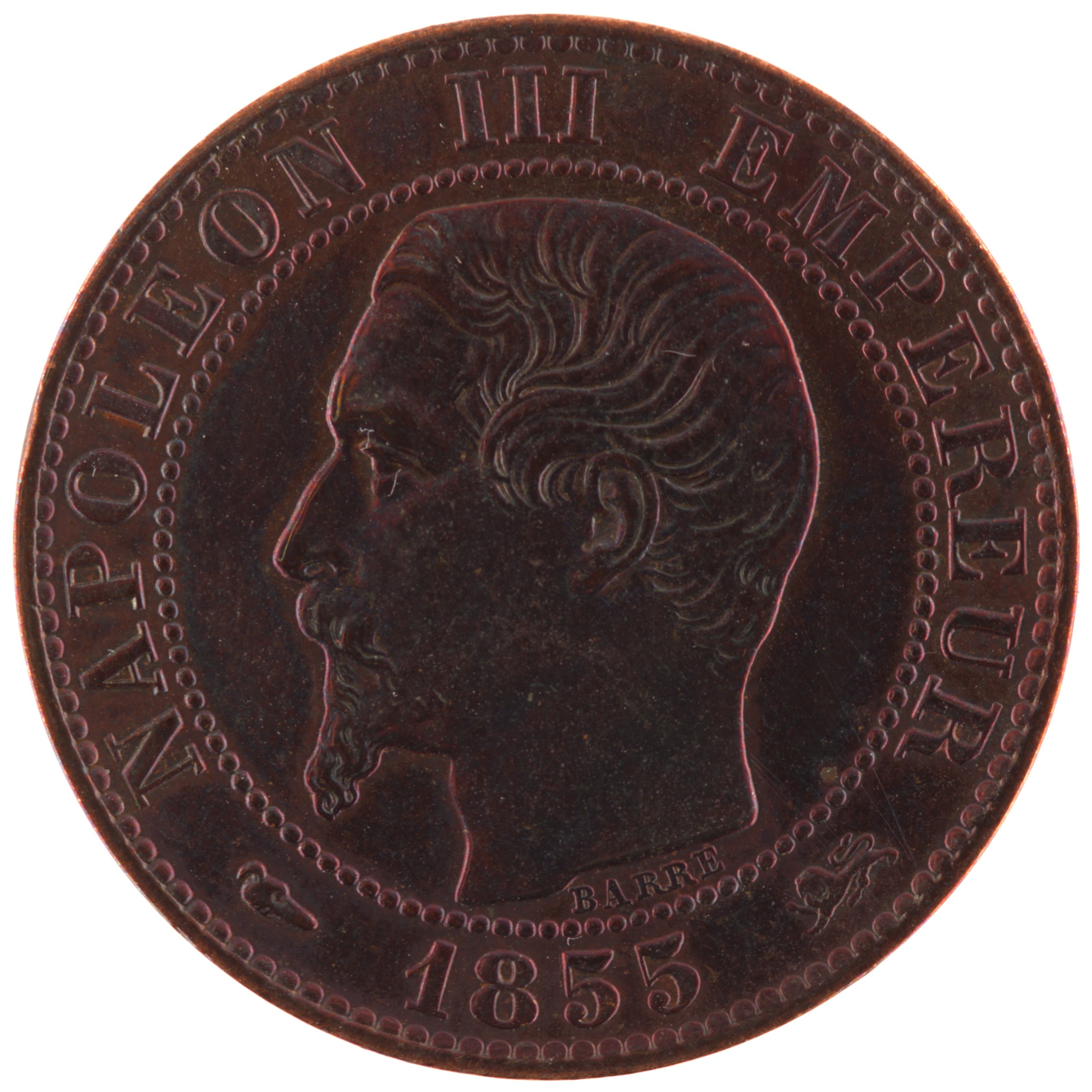 France - Pièce Cinq Centimes 1855 D bronze - Napoléon III, tête nue (levrette et lion)