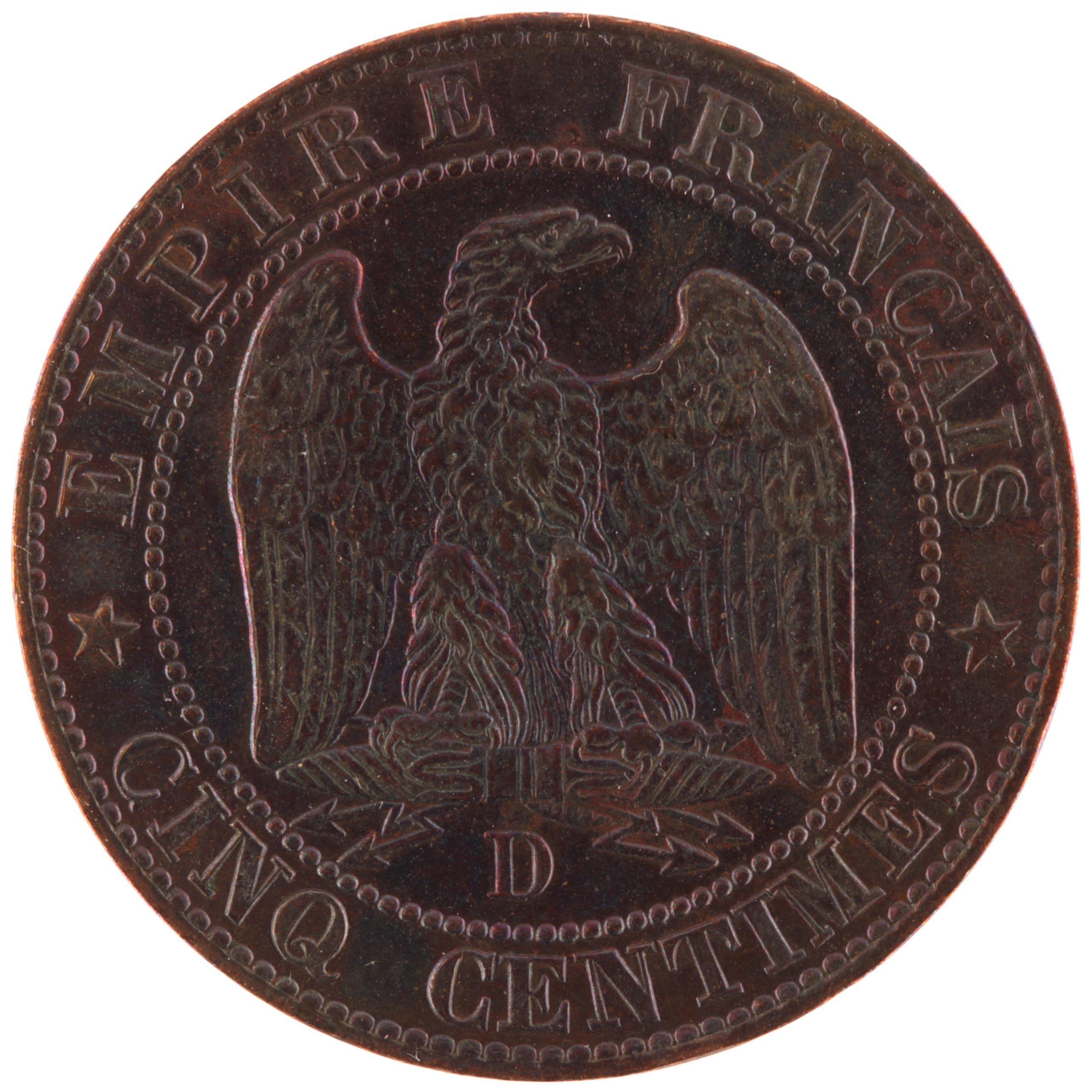 France - Pièce Cinq Centimes 1855 D bronze - Napoléon III, tête nue (levrette et lion) – Image 2