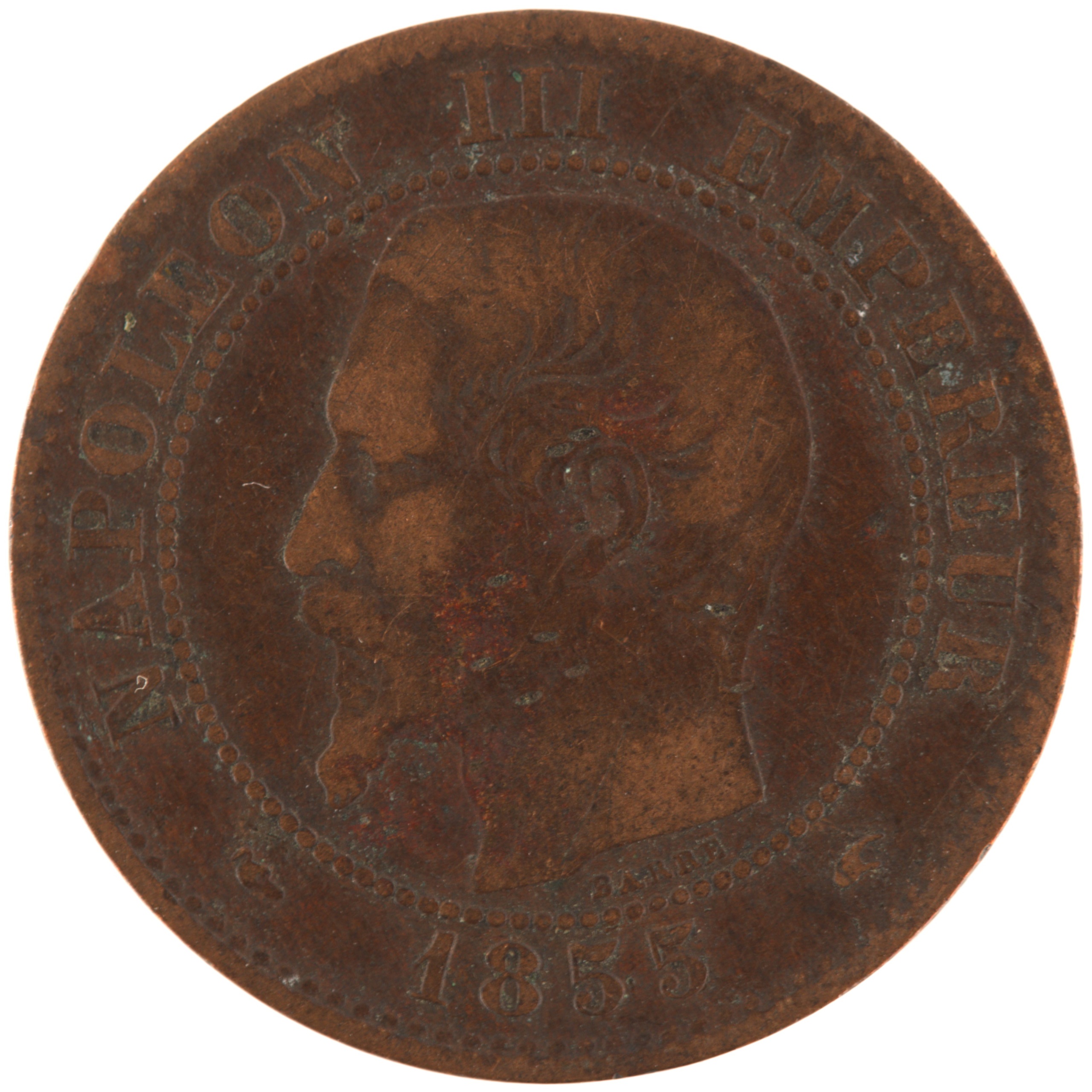 France - Pièce Deux Centimes 1855 A bronze - Napoléon III, tête nue (levrette et main)