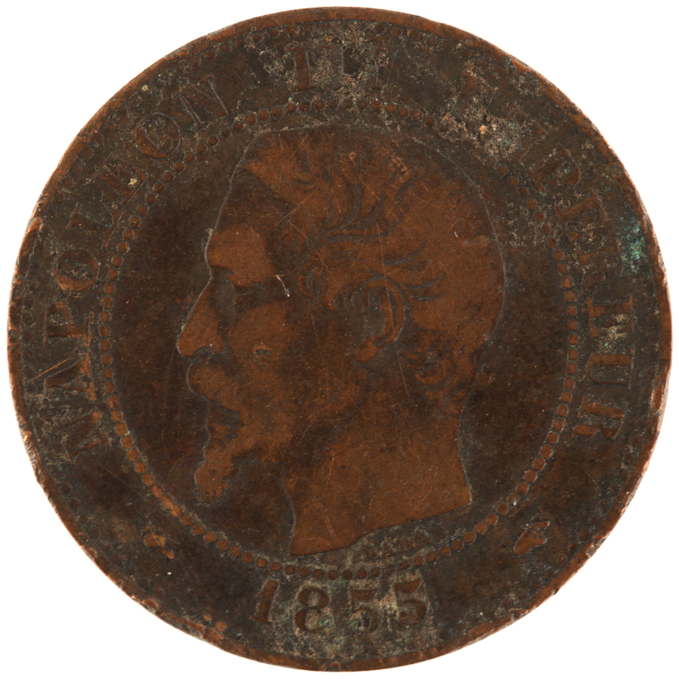 France - Pièce Deux Centimes 1855 A bronze - Napoléon III, tête nue (levrette et main)