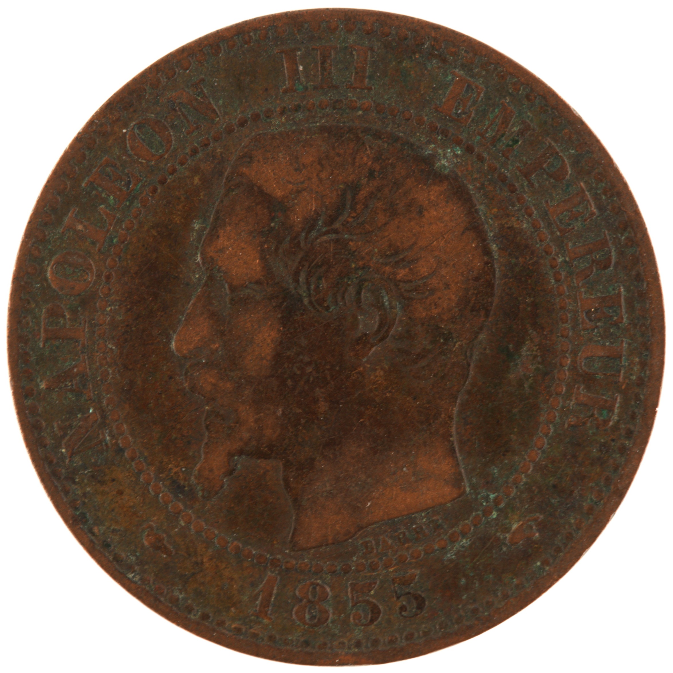 France - Pièce Deux Centimes 1855 A bronze - Napoléon III, tête nue (levrette et main)
