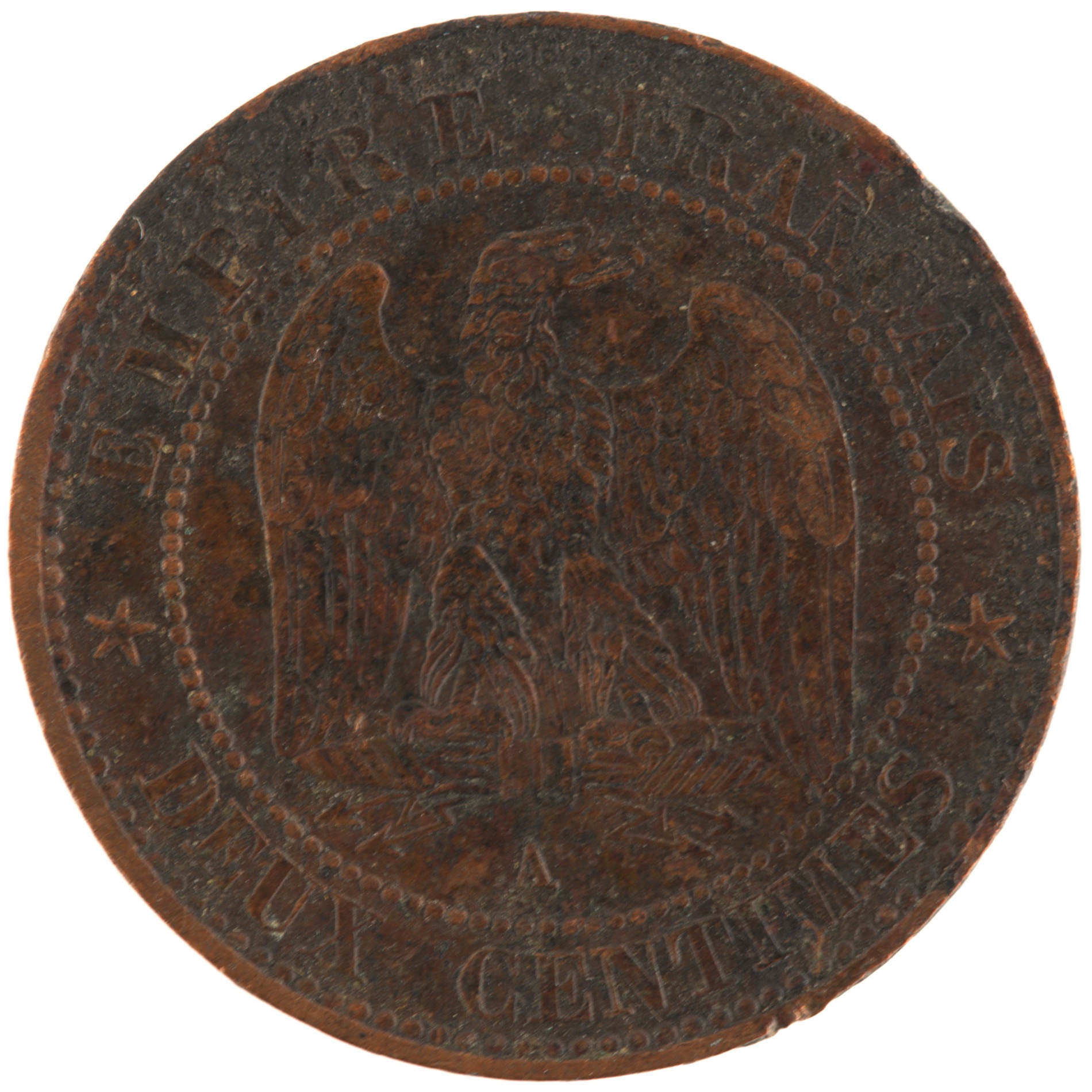 France - Pièce Deux Centimes 1861 A bronze - Napoléon III, tête laurée, buste provisoire – Image 2
