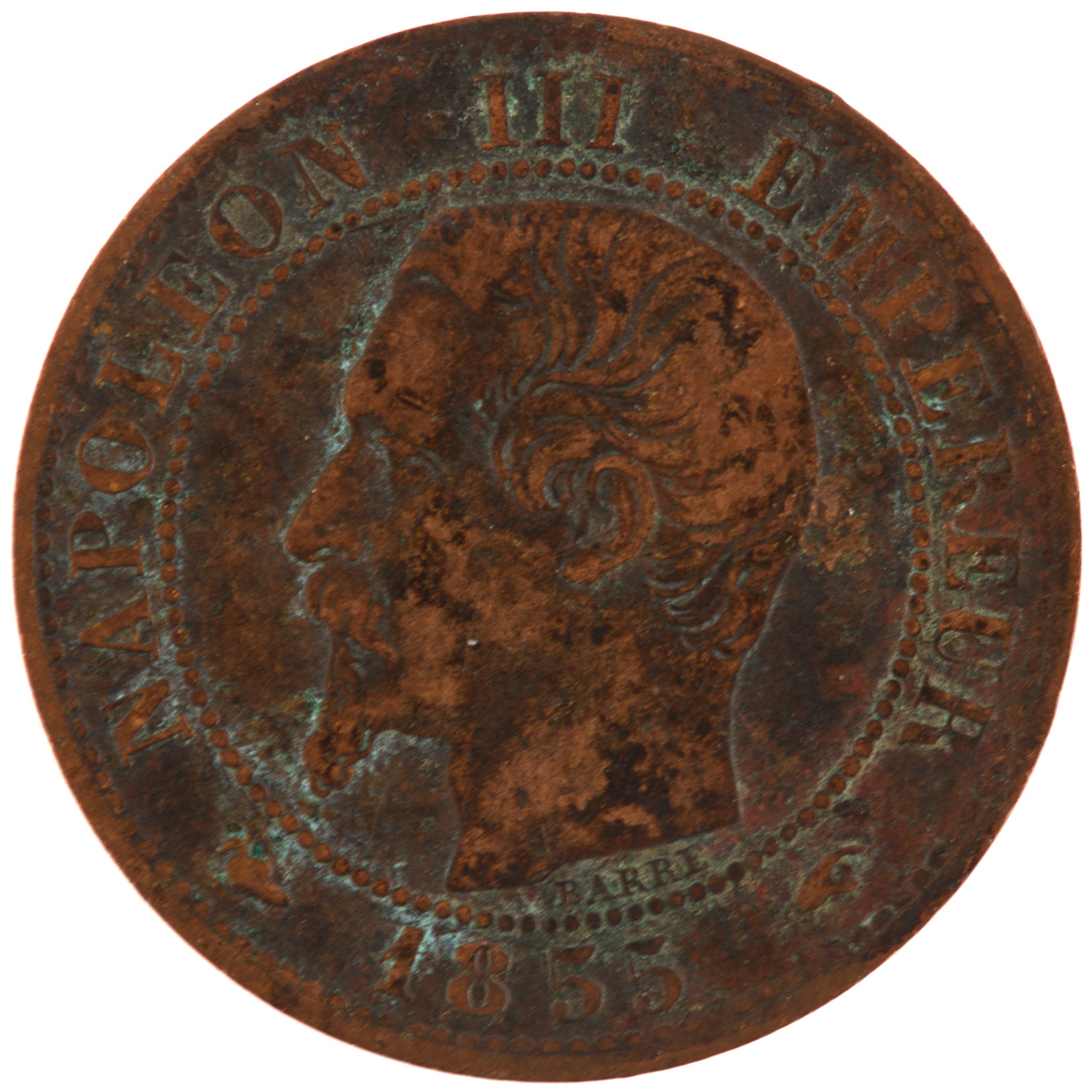 France - Pièce Un Centime 1855 A bronze - Napoléon III, tête nue (levrette et main)