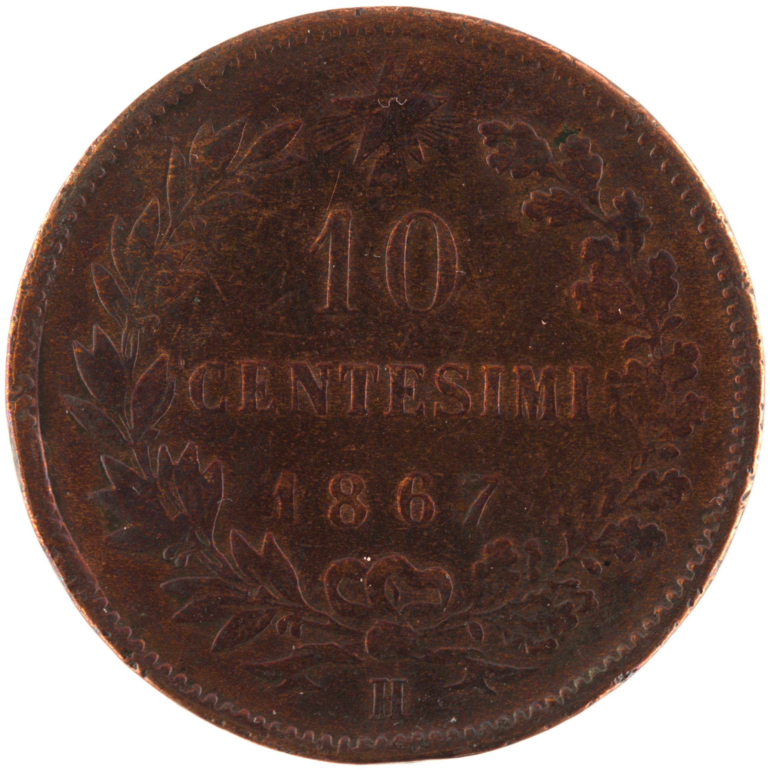 Italie - Pièce 10 Centesimi 1867 H cuivre - Victor-Emmanuel II