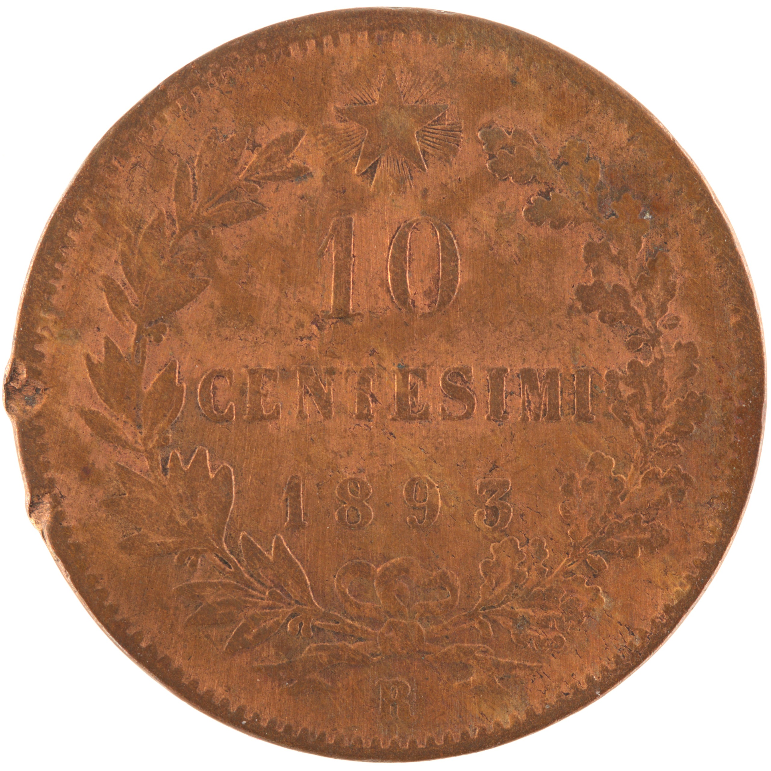 Italie - Pièce 10 Centesimi 1893 R cuivre - Humbert Ier