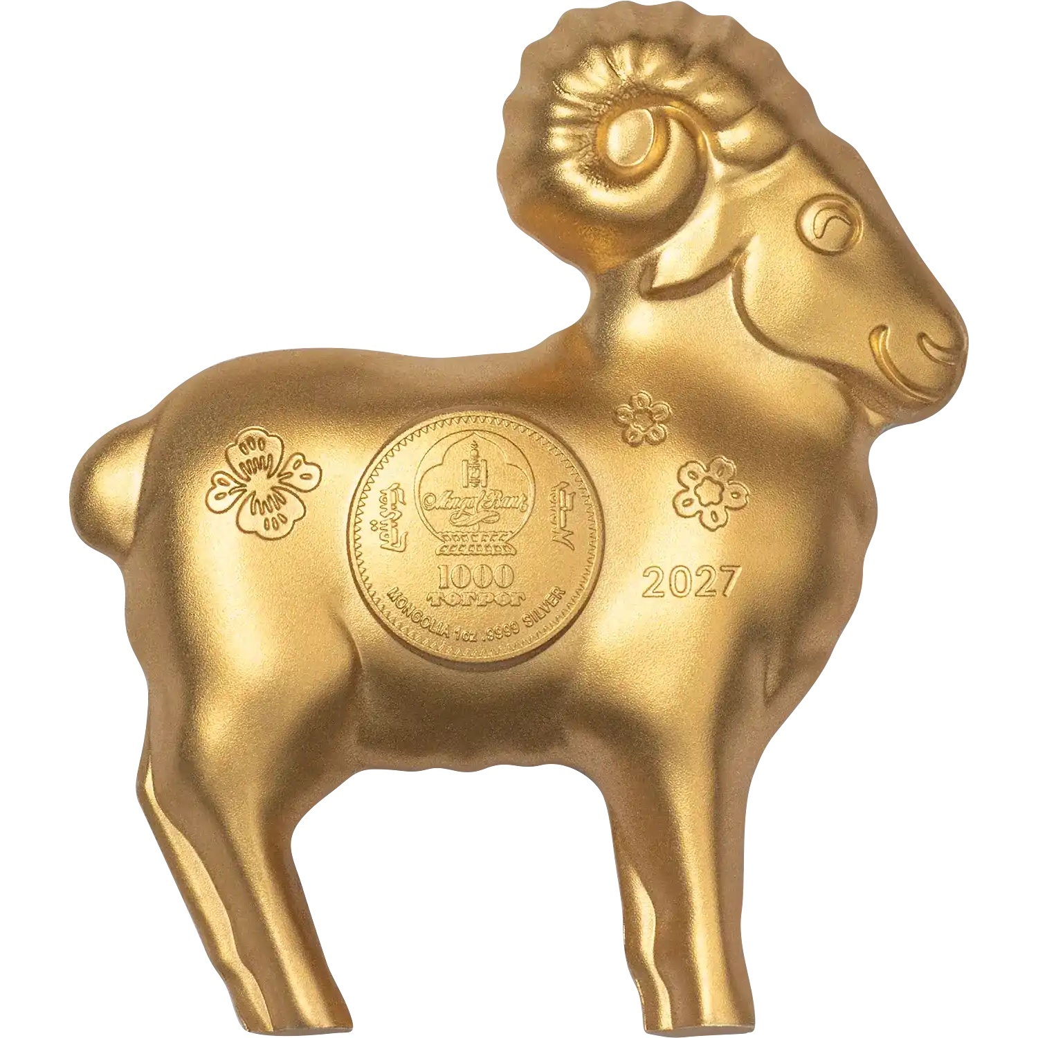 Mongolie - Pièce 1000 Tögrög 2027 1 once argent plaqué or Soyeux - Année lunaire du Mouton – Image 2